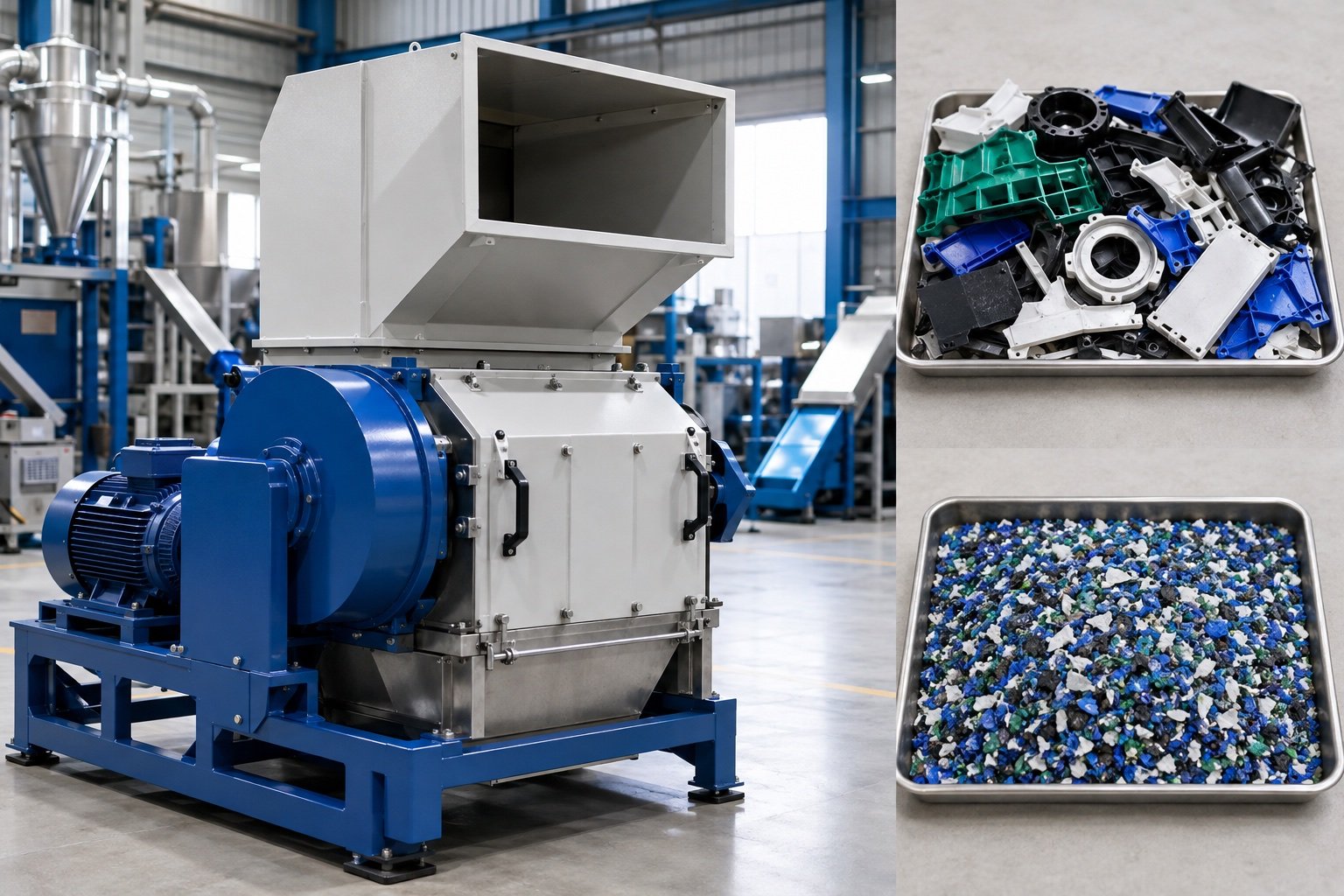 Plastic crusher machine with illustrative rigid plastic offcuts and clean regrind flakes