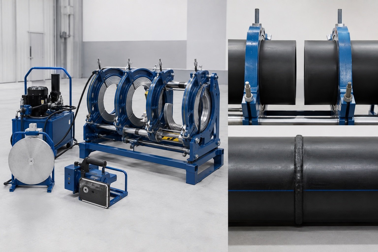 Plastic pipe butt-fusion welding machine with illustrative HDPE pipe alignment and finished joint