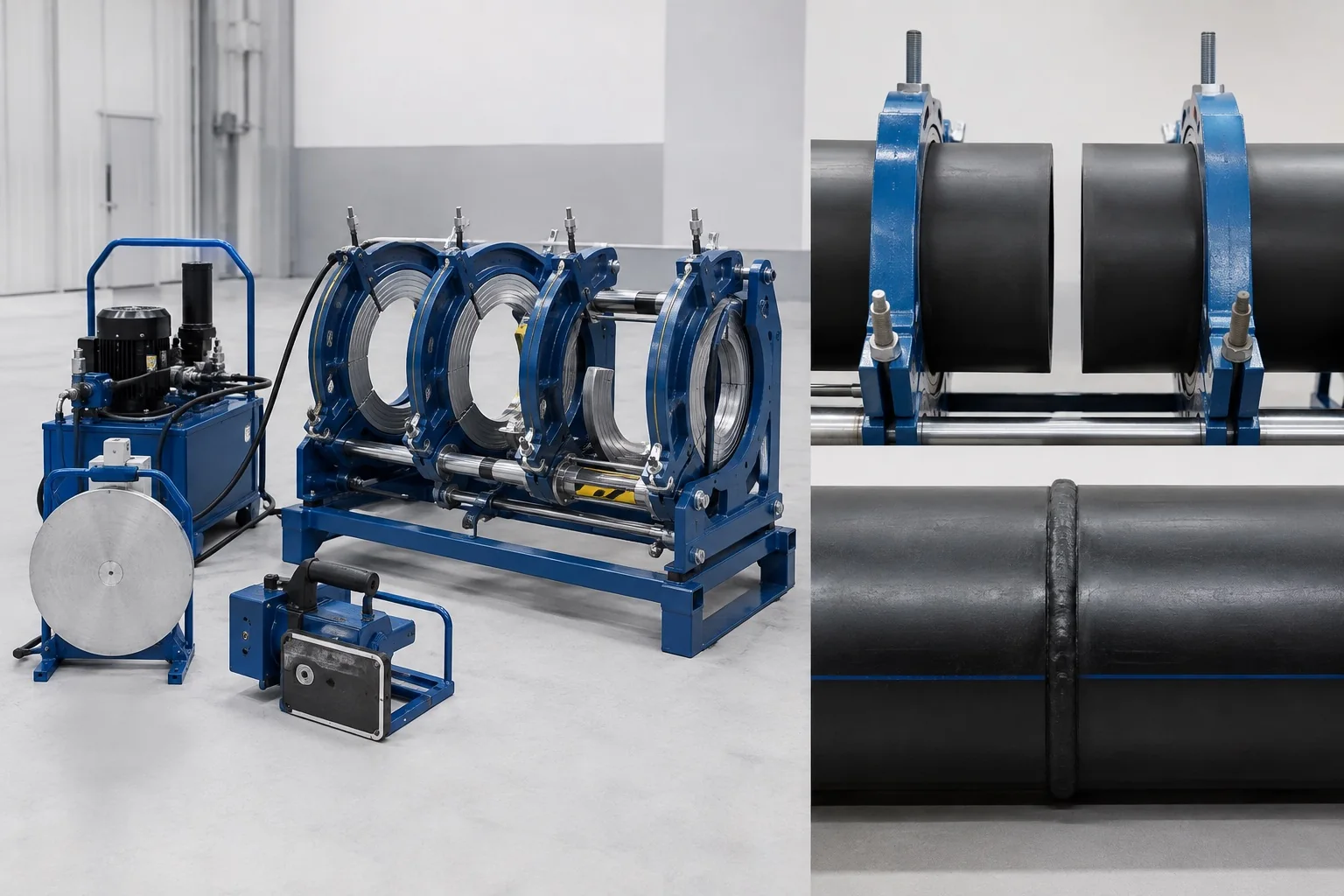 Plastic pipe butt-fusion welding machine with illustrative HDPE pipe alignment and finished joint