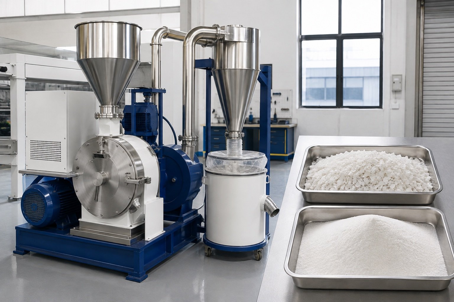 Plastic pulverizer machine with illustrative clean PVC regrind and fine white powder