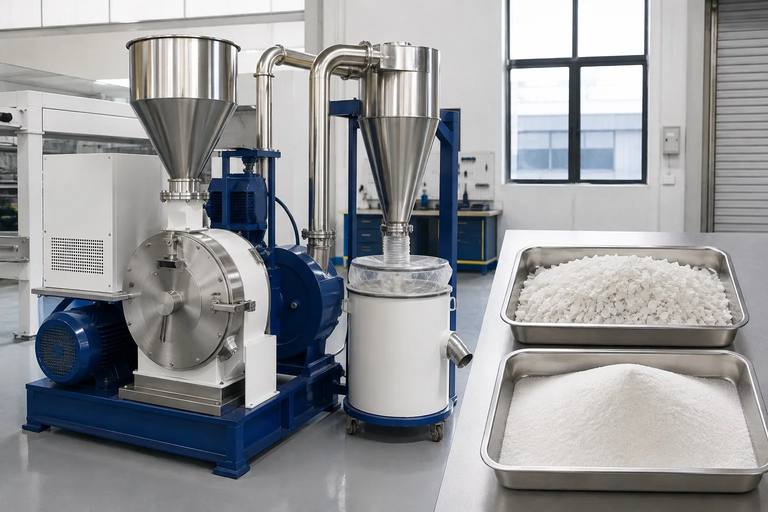 Plastic pulverizer machine with illustrative clean PVC regrind and fine white powder