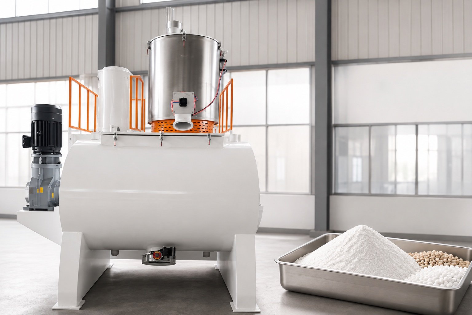 PVC heating and cooling mixer with illustrative white dry blend powder and raw materials