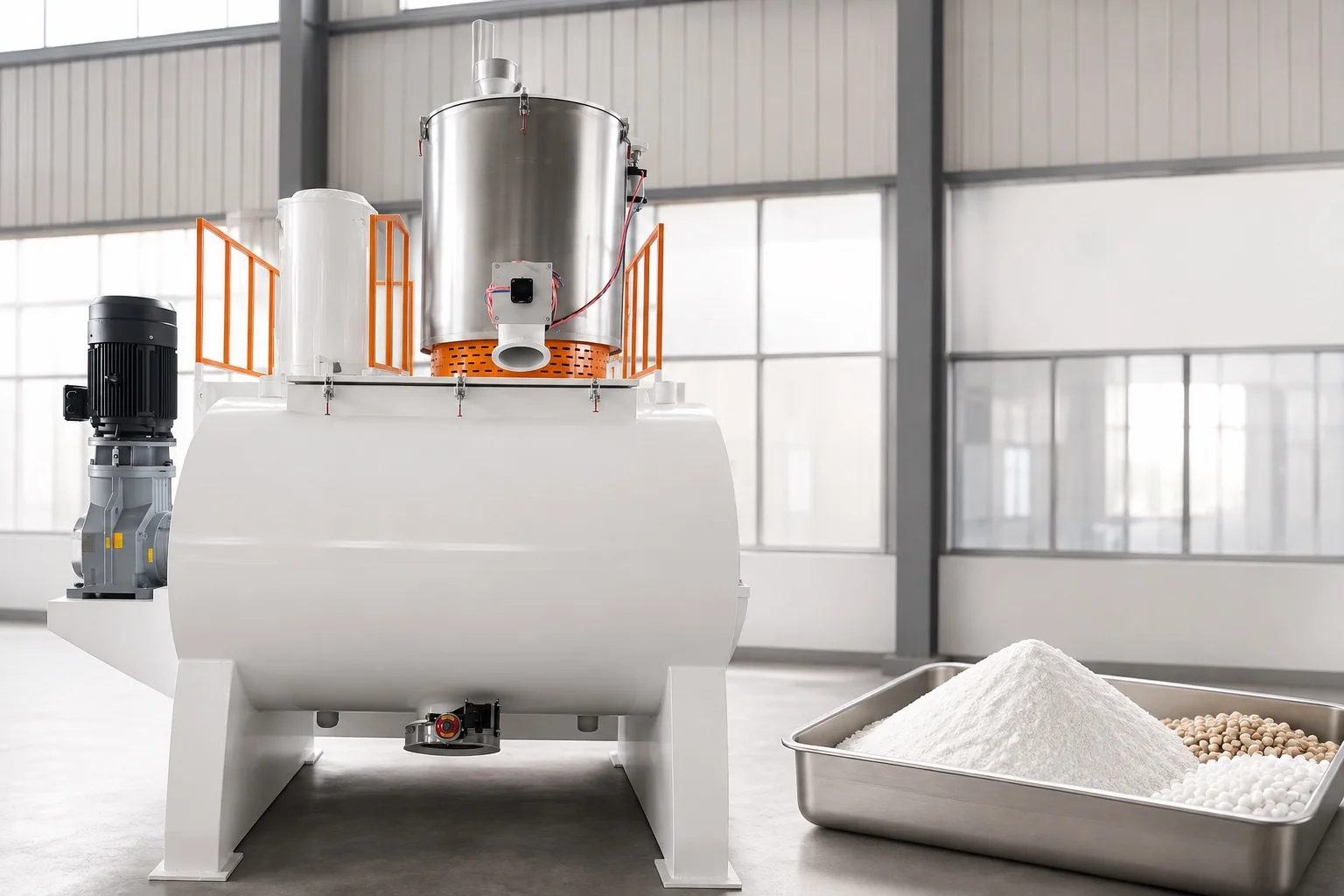 PVC heating and cooling mixer with illustrative white dry blend powder and raw materials