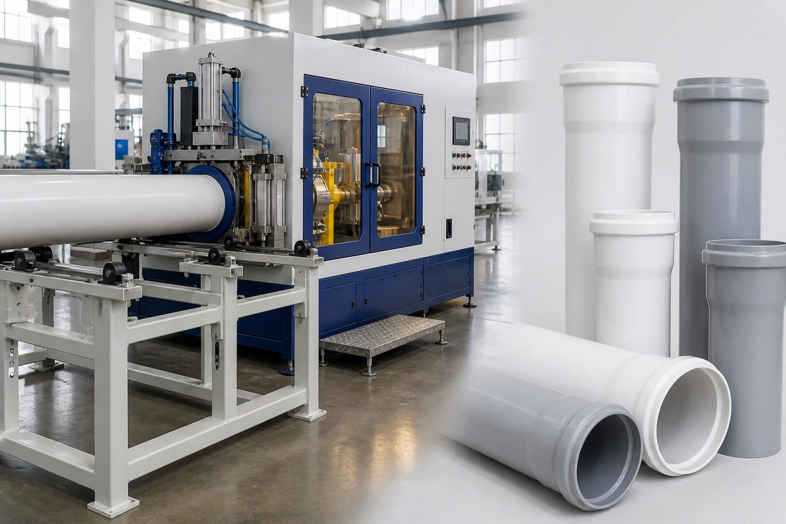 PVC pipe belling machine with illustrative white and gray socket-ended pipe samples