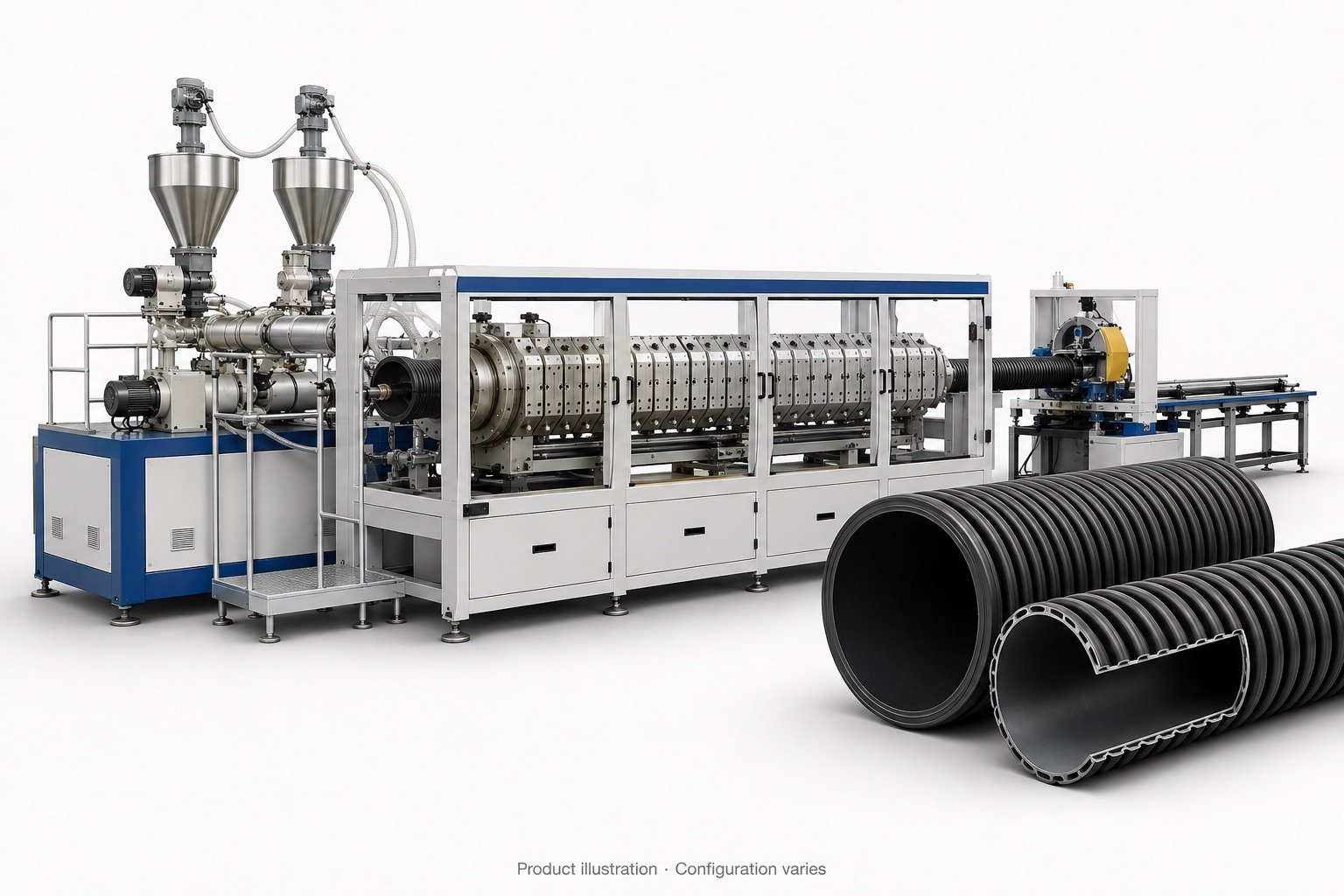 Aluminum-mould double-wall corrugated pipe line with illustrative structured-wall pipe sections