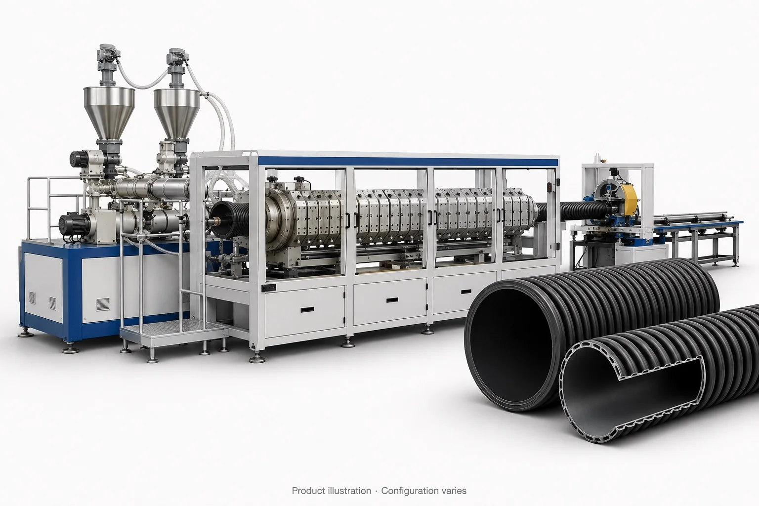 Aluminum-mould double-wall corrugated pipe line with illustrative structured-wall pipe sections