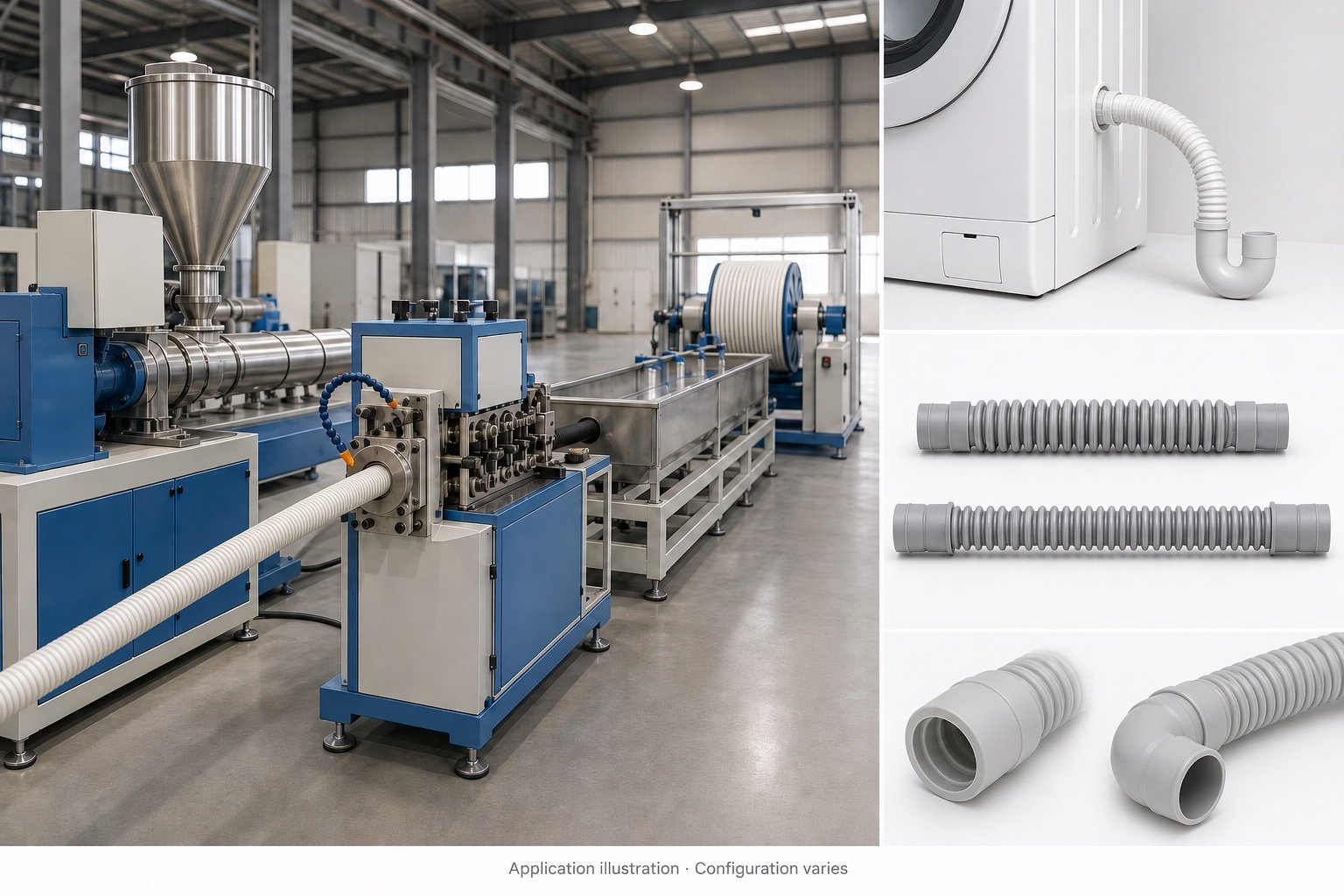 Corrugated hose production line with illustrative appliance drain hose products
