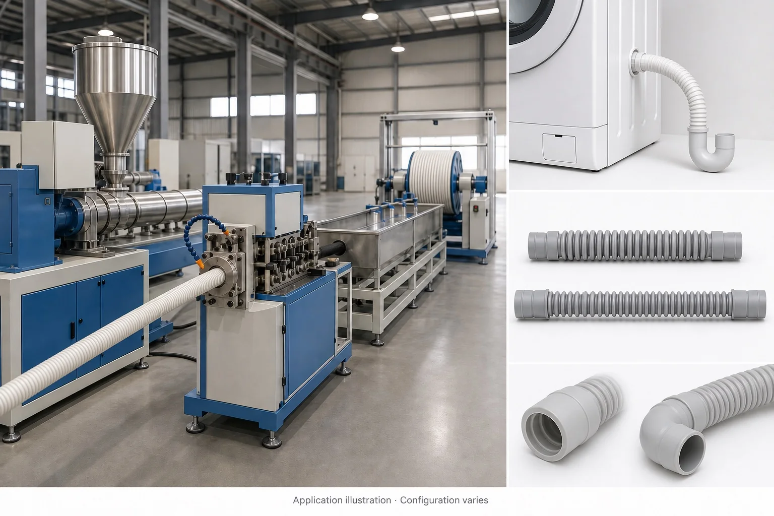 Corrugated hose production line with illustrative appliance drain hose products