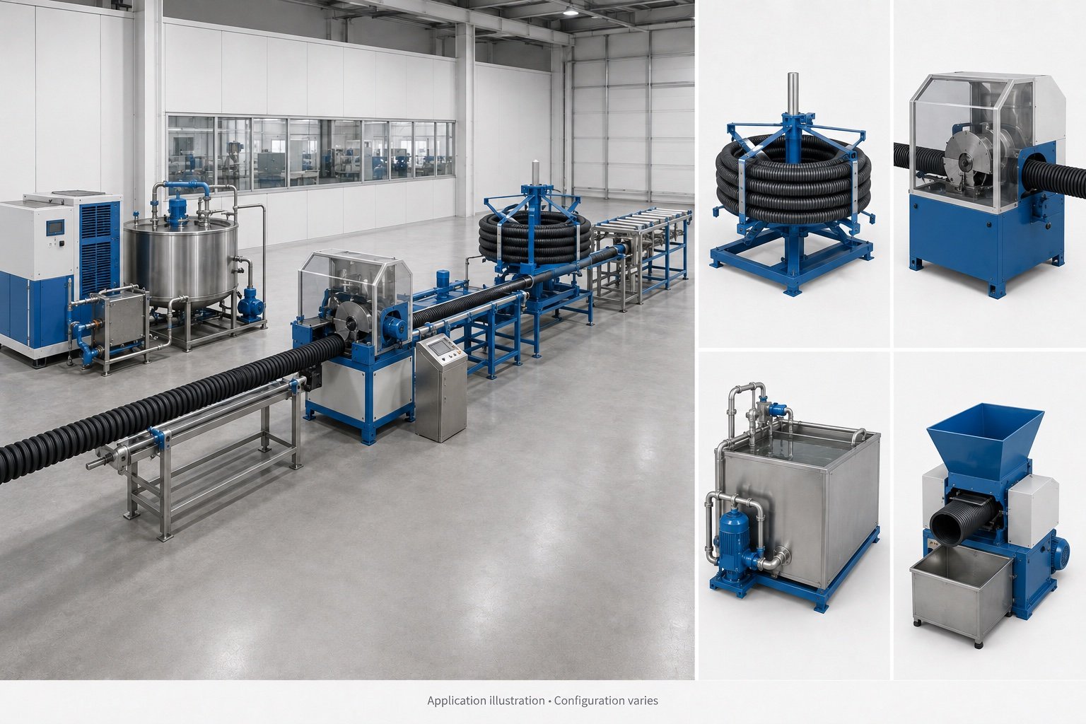 Corrugated pipe auxiliary equipment with illustrative cutter, winder and cooling units