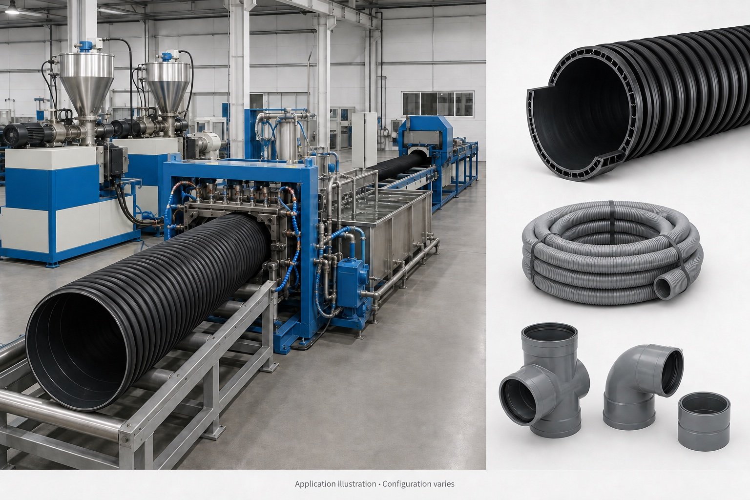Double-wall corrugated pipe production line with illustrative structured-wall pipe sections
