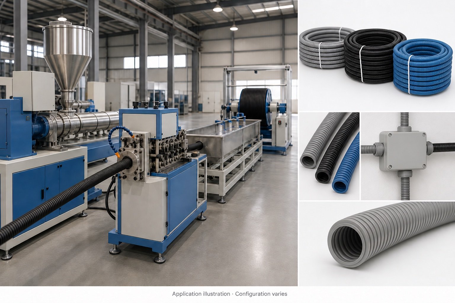 Corrugated pipe machine with illustrative flexible electrical conduit coils