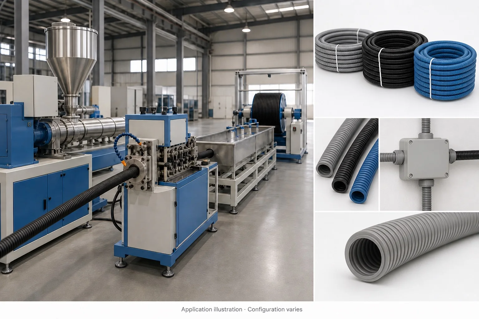 Corrugated pipe machine with illustrative flexible electrical conduit coils