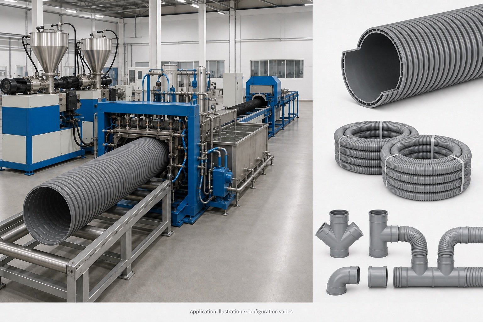 Corrugated pipe machine with illustrative ventilation duct and fittings
