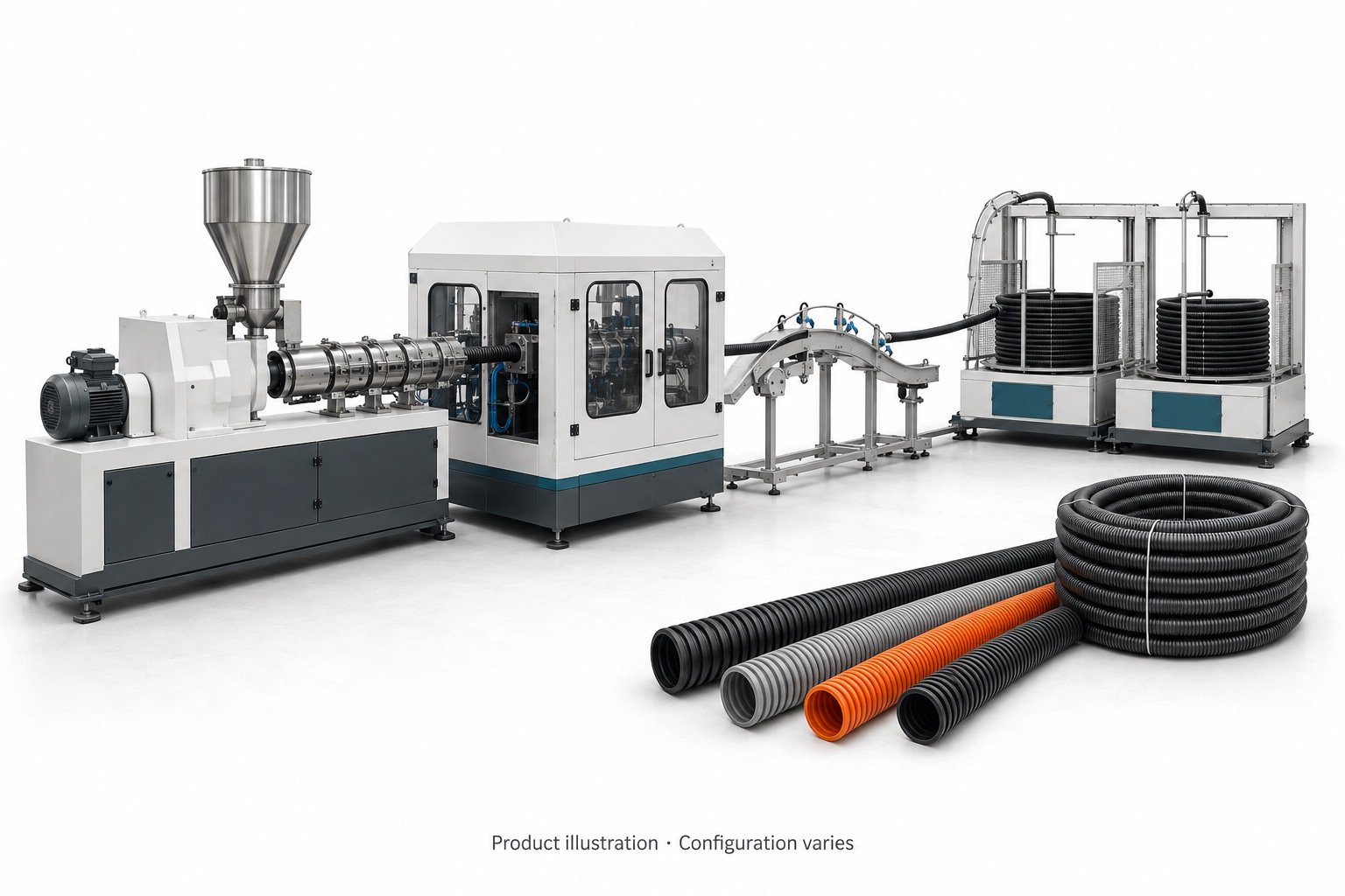 High-speed single-wall corrugated pipe extrusion line with illustrative conduit products