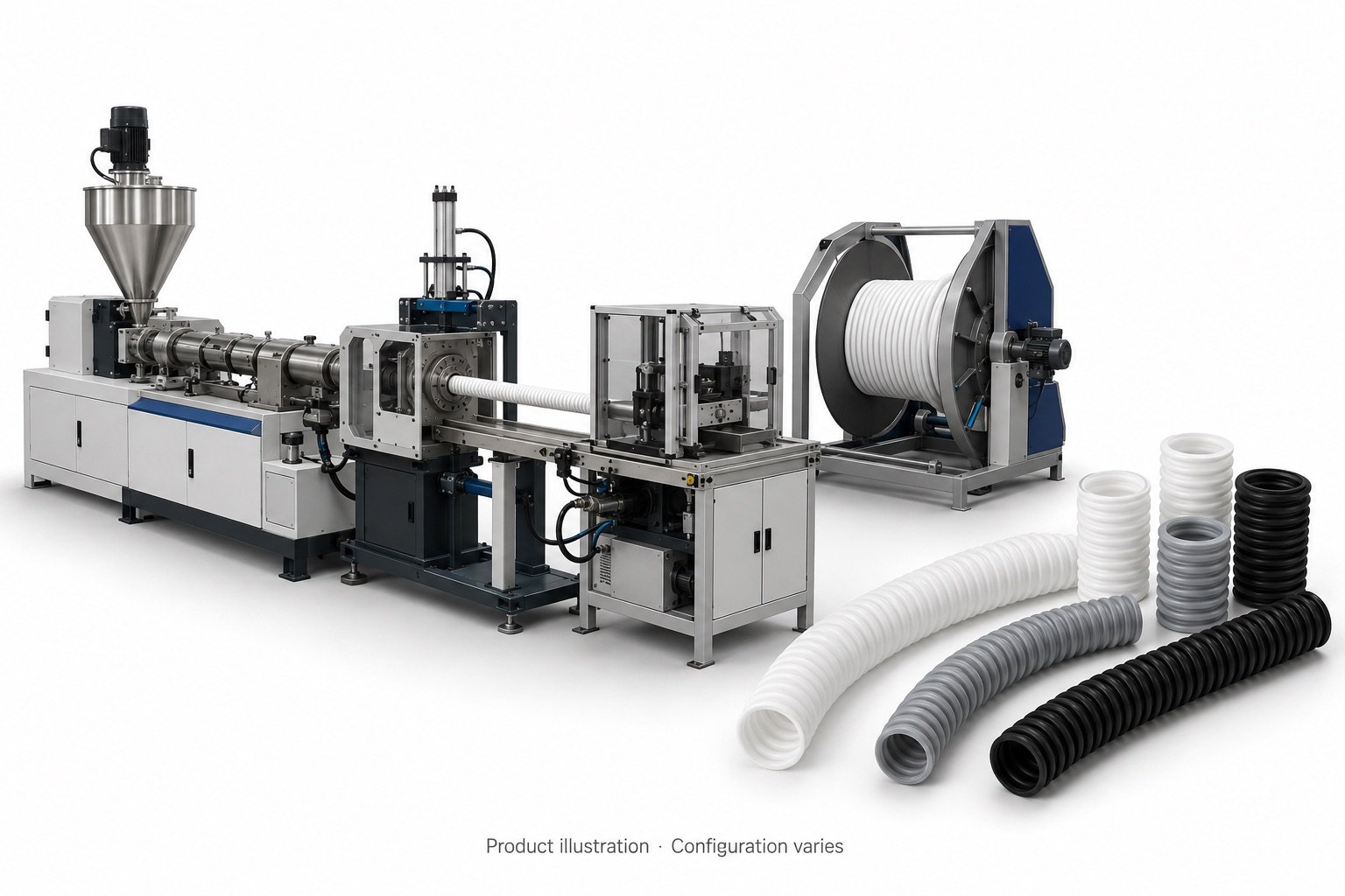 Shrinkable corrugated hose production line with illustrative compressed and extended hose products