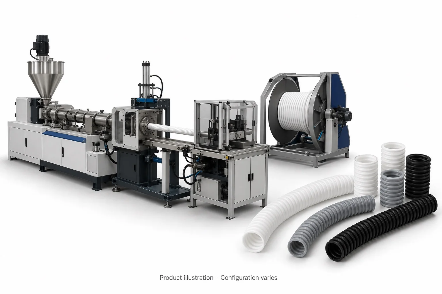Shrinkable corrugated hose production line with illustrative compressed and extended hose products