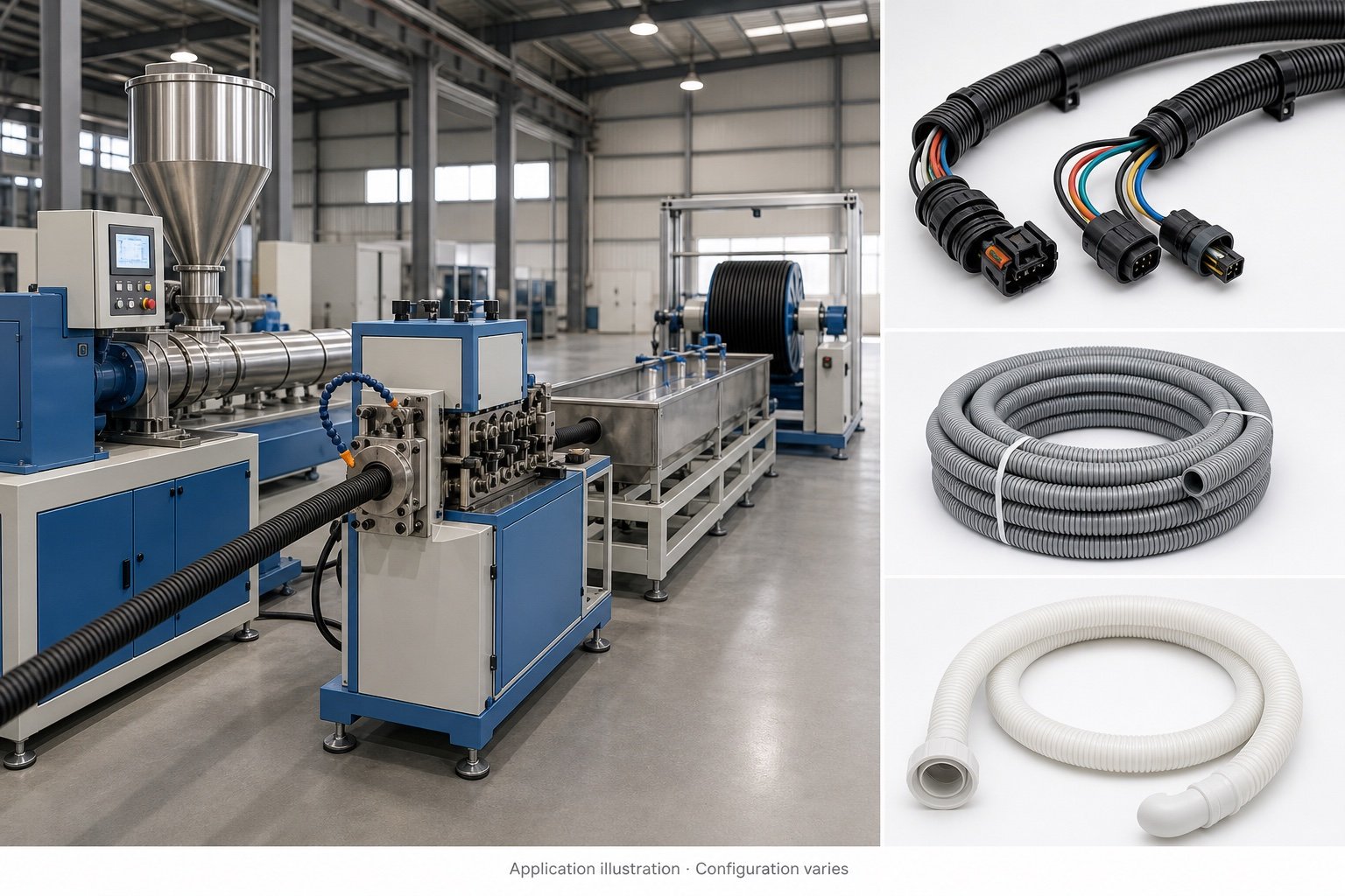 Single-wall corrugated pipe production line with illustrative corrugated tube applications