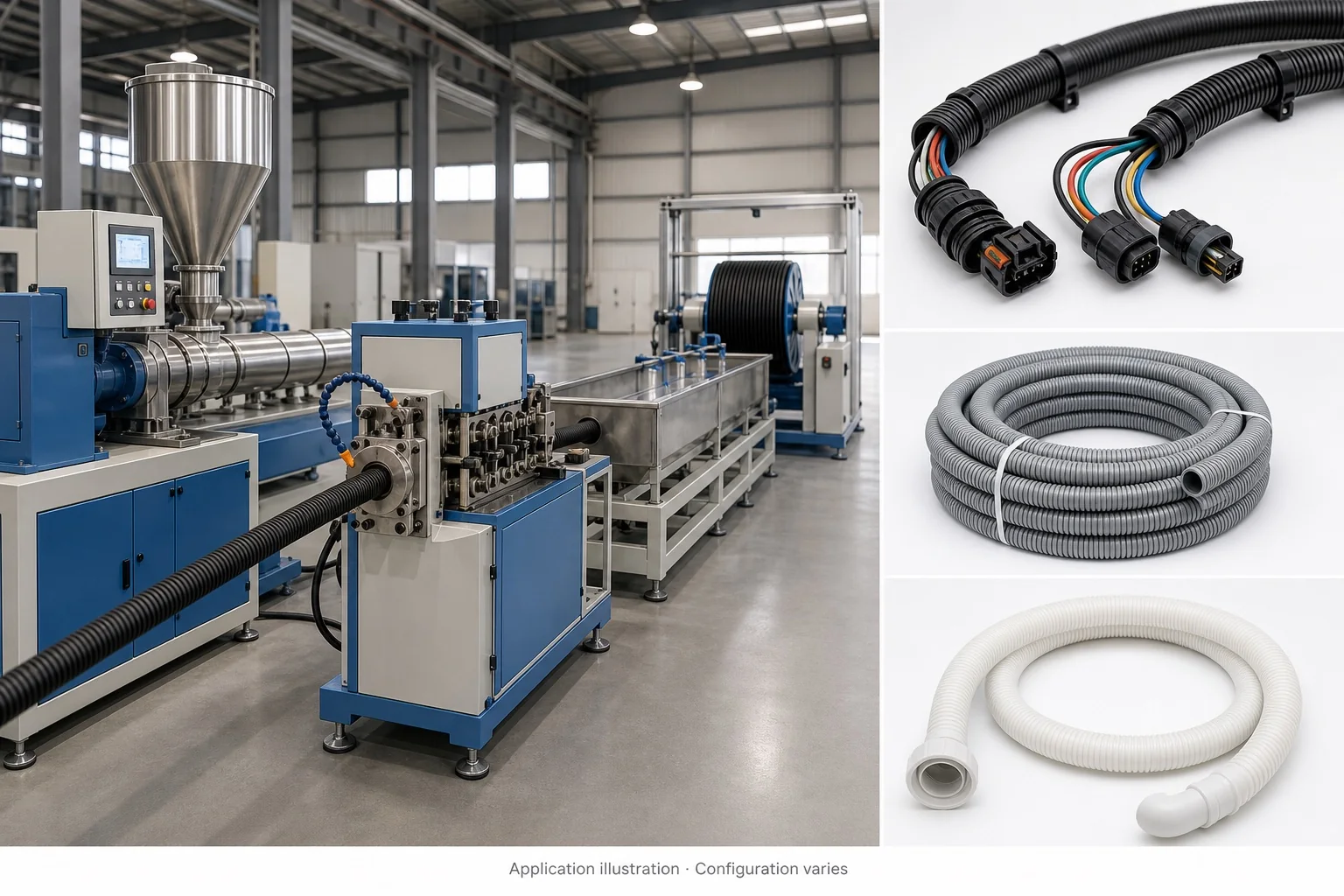 Single-wall corrugated pipe production line with illustrative corrugated tube applications