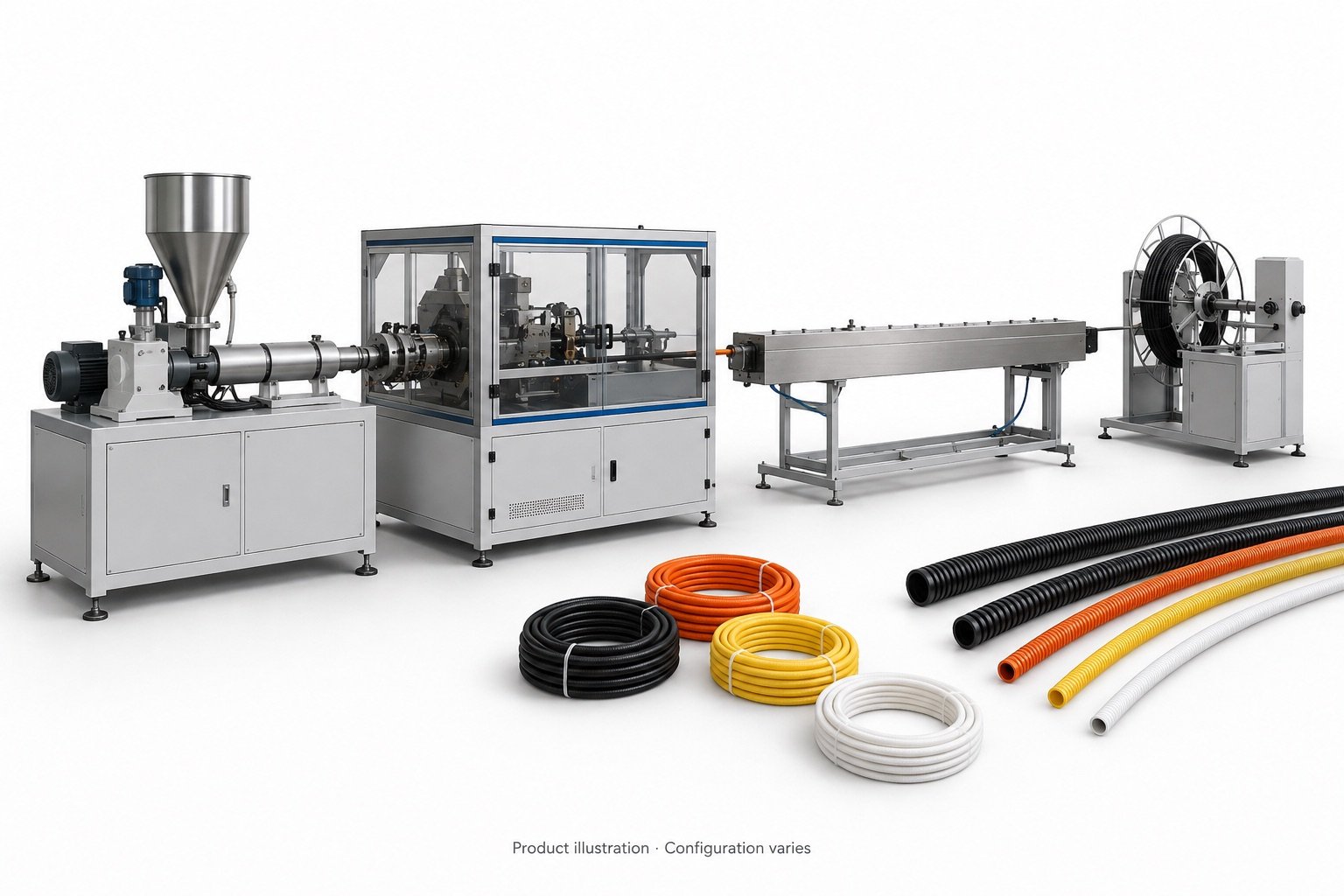 Small-diameter corrugated tube machine with illustrative narrow flexible conduit products