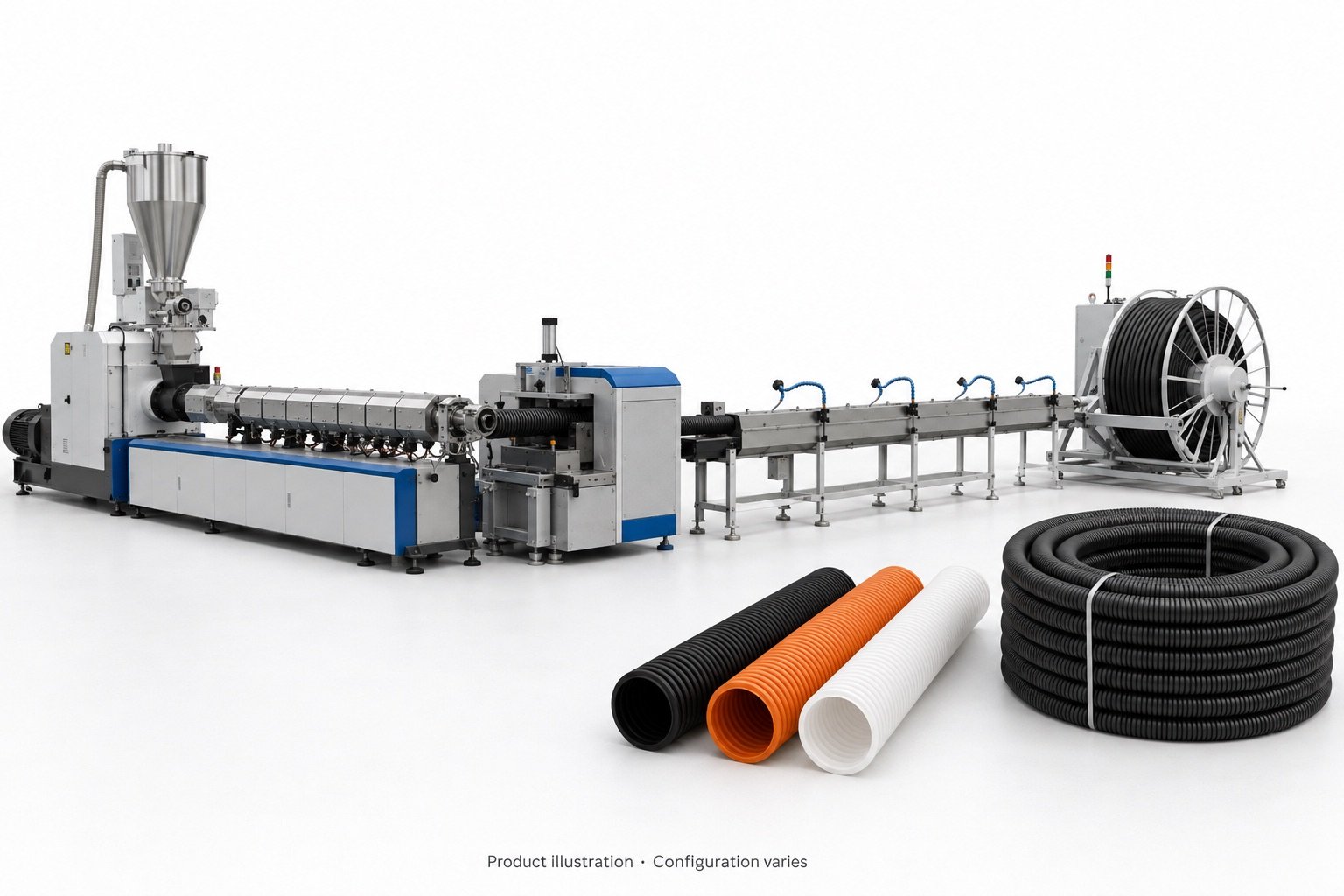 Ultra-high-speed single-wall corrugated pipe line with illustrative flexible tube products