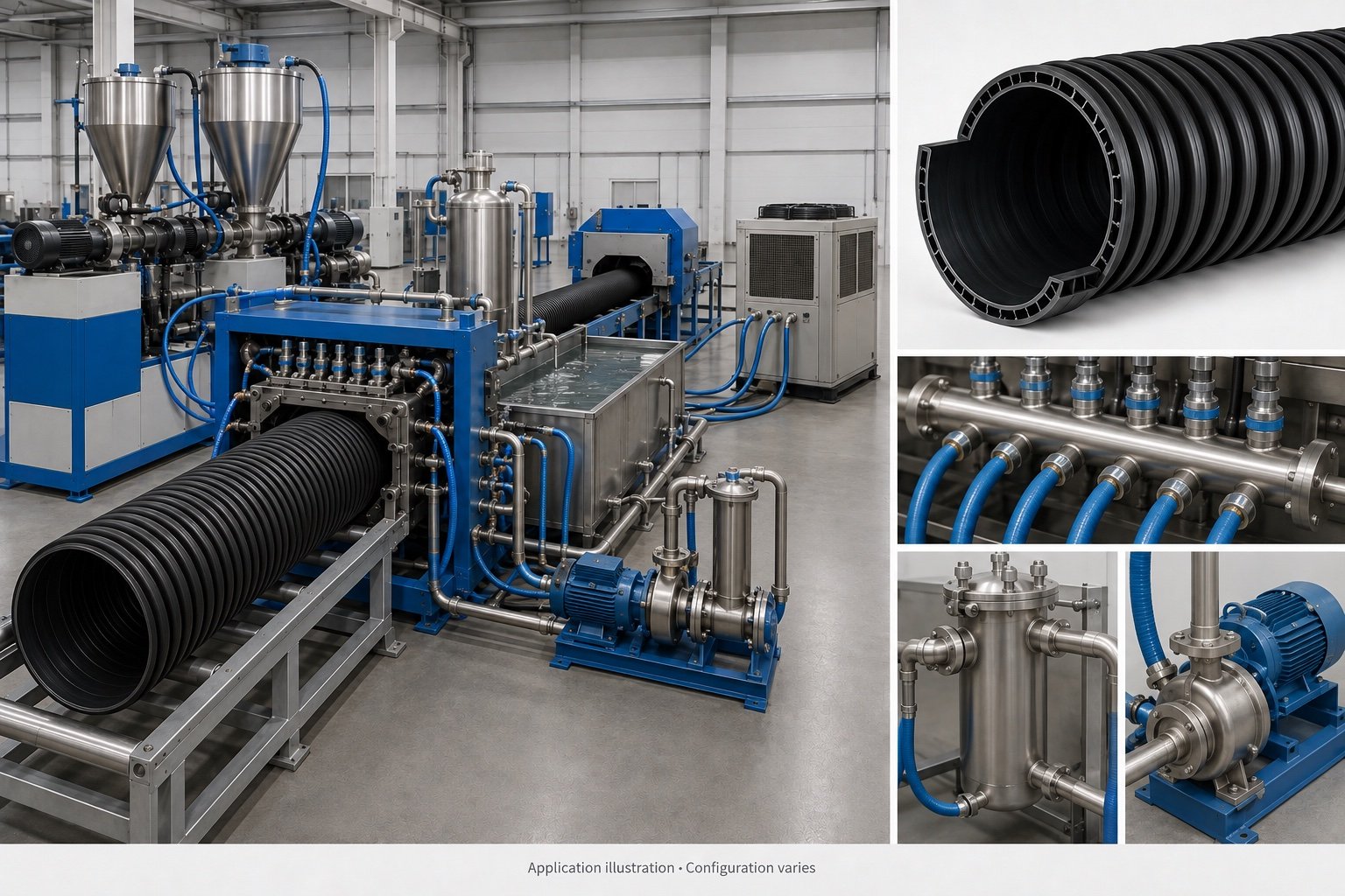 Water-cooled double-wall corrugated pipe forming line with illustrative pipe products