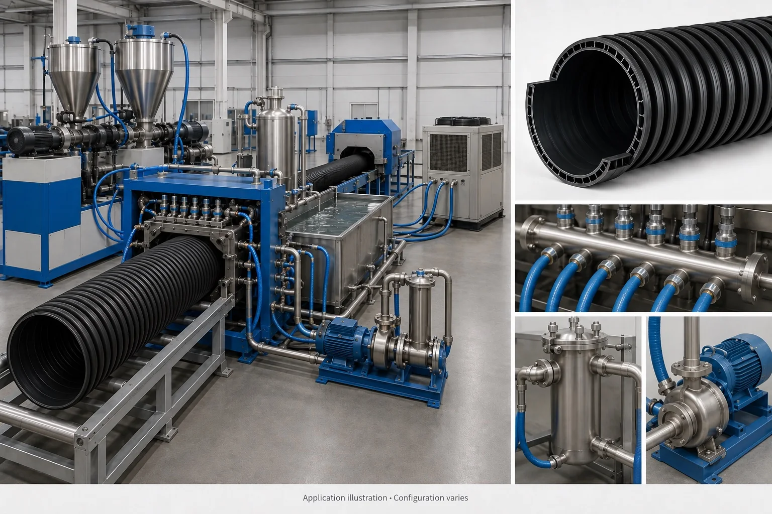 Water-cooled double-wall corrugated pipe forming line with illustrative pipe products