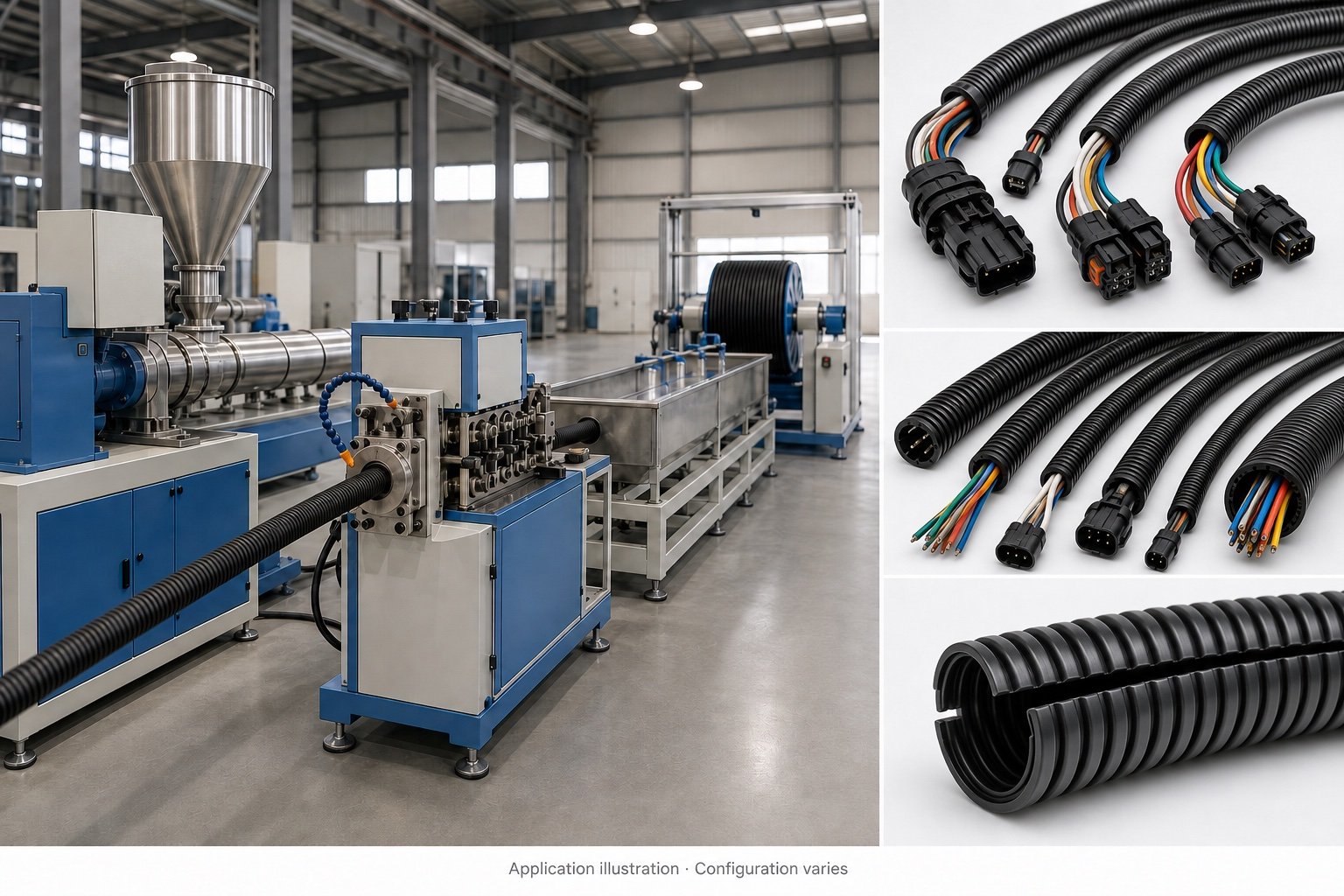Corrugated tube extrusion machine with illustrative automotive wire-harness conduit