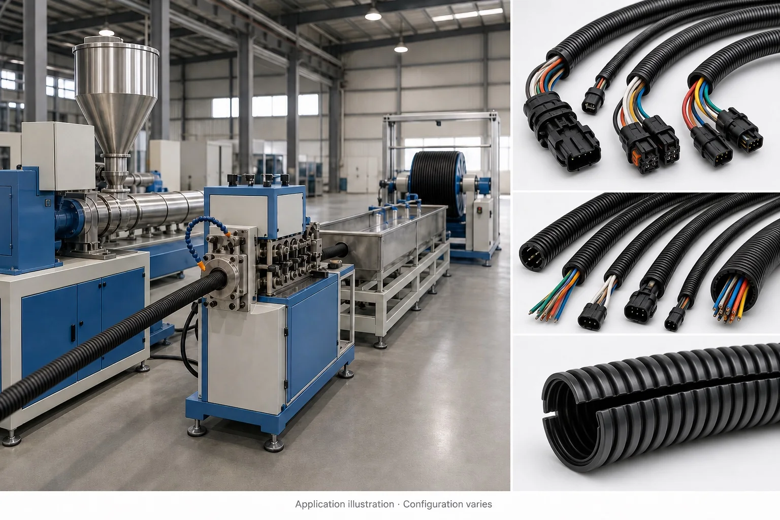Corrugated tube extrusion machine with illustrative automotive wire-harness conduit