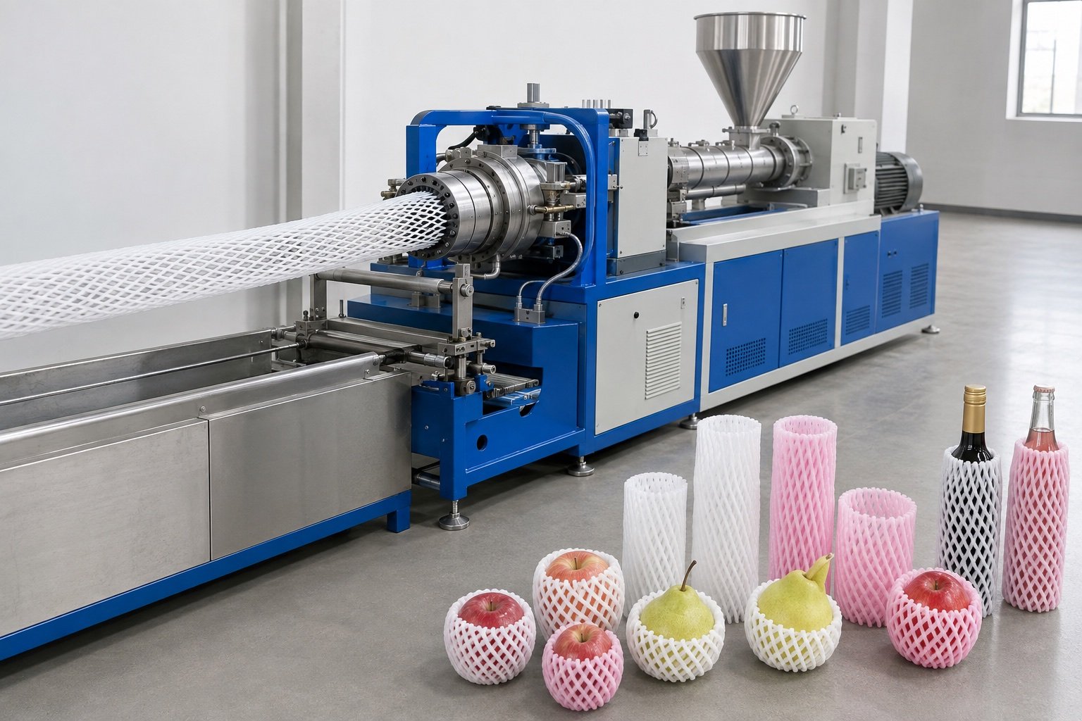 EPE foam net extrusion machine with illustrative fruit and bottle protective mesh sleeves