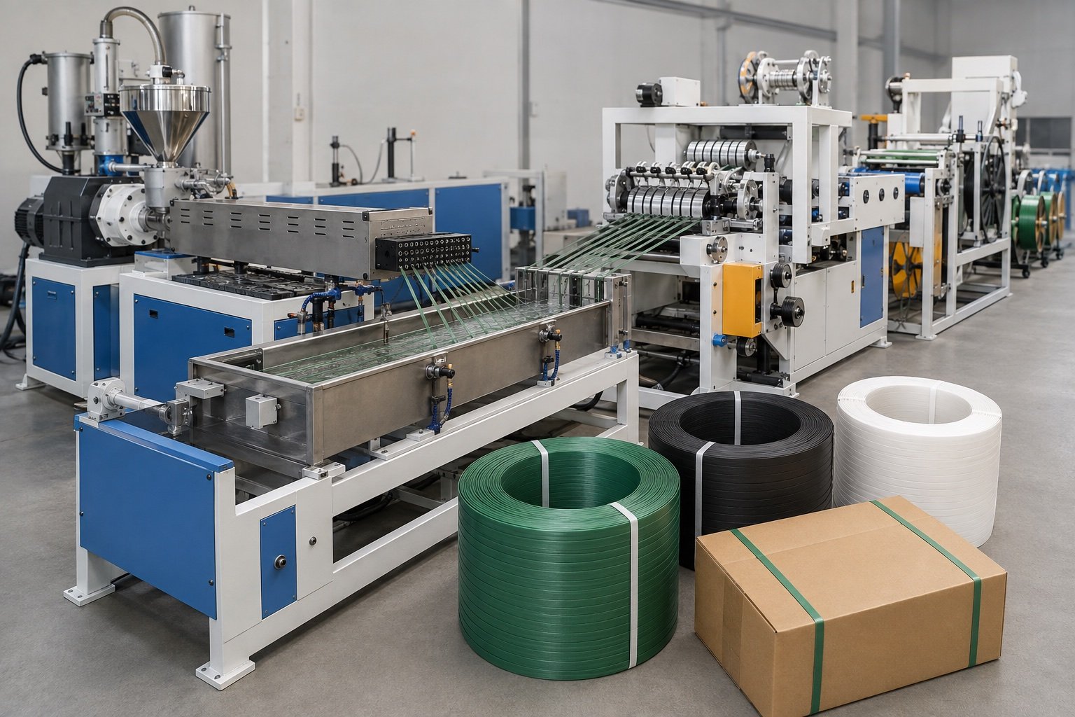 Packing strap extrusion line with illustrative green PET and black and white PP strap coils