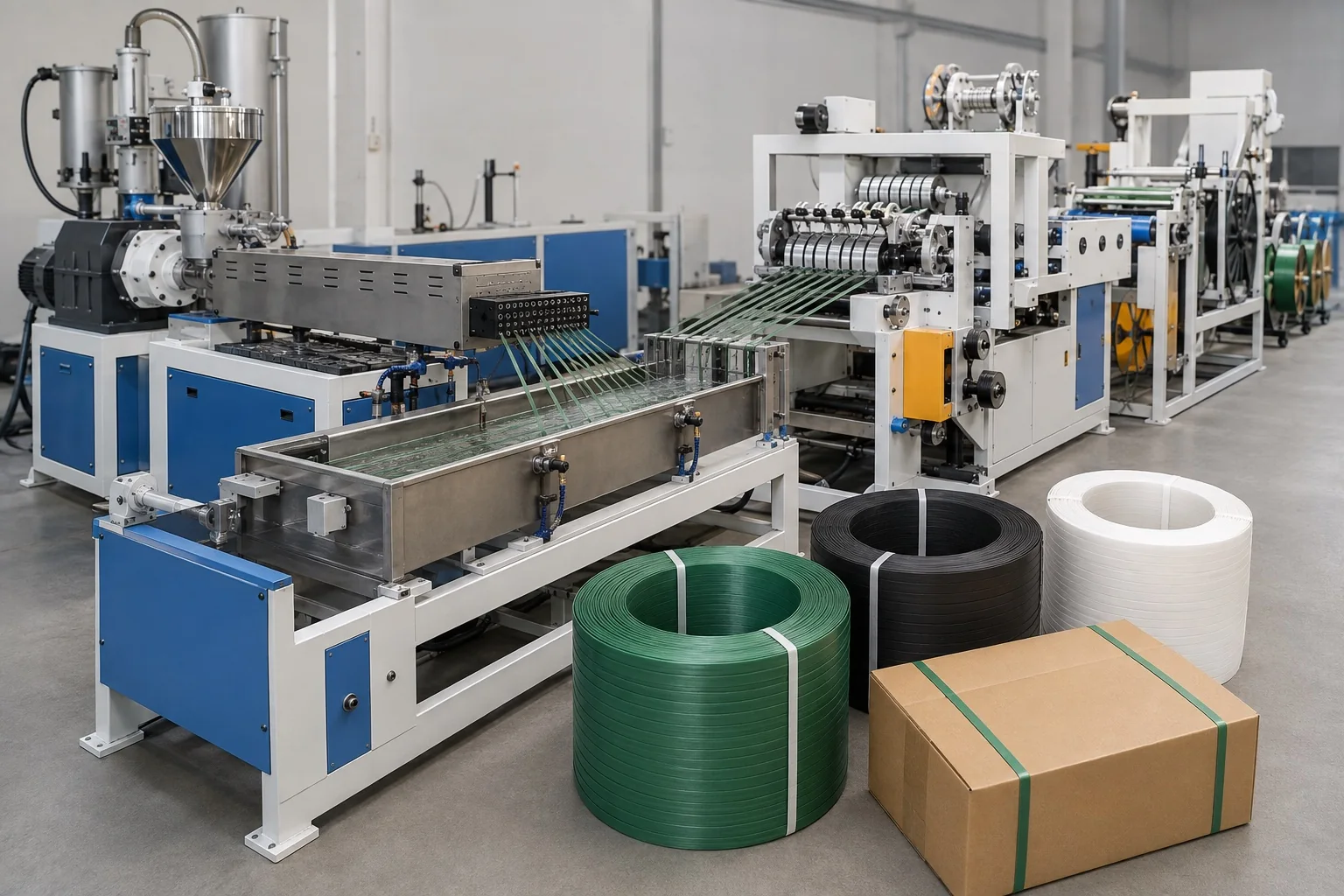 Packing strap extrusion line with illustrative green PET and black and white PP strap coils