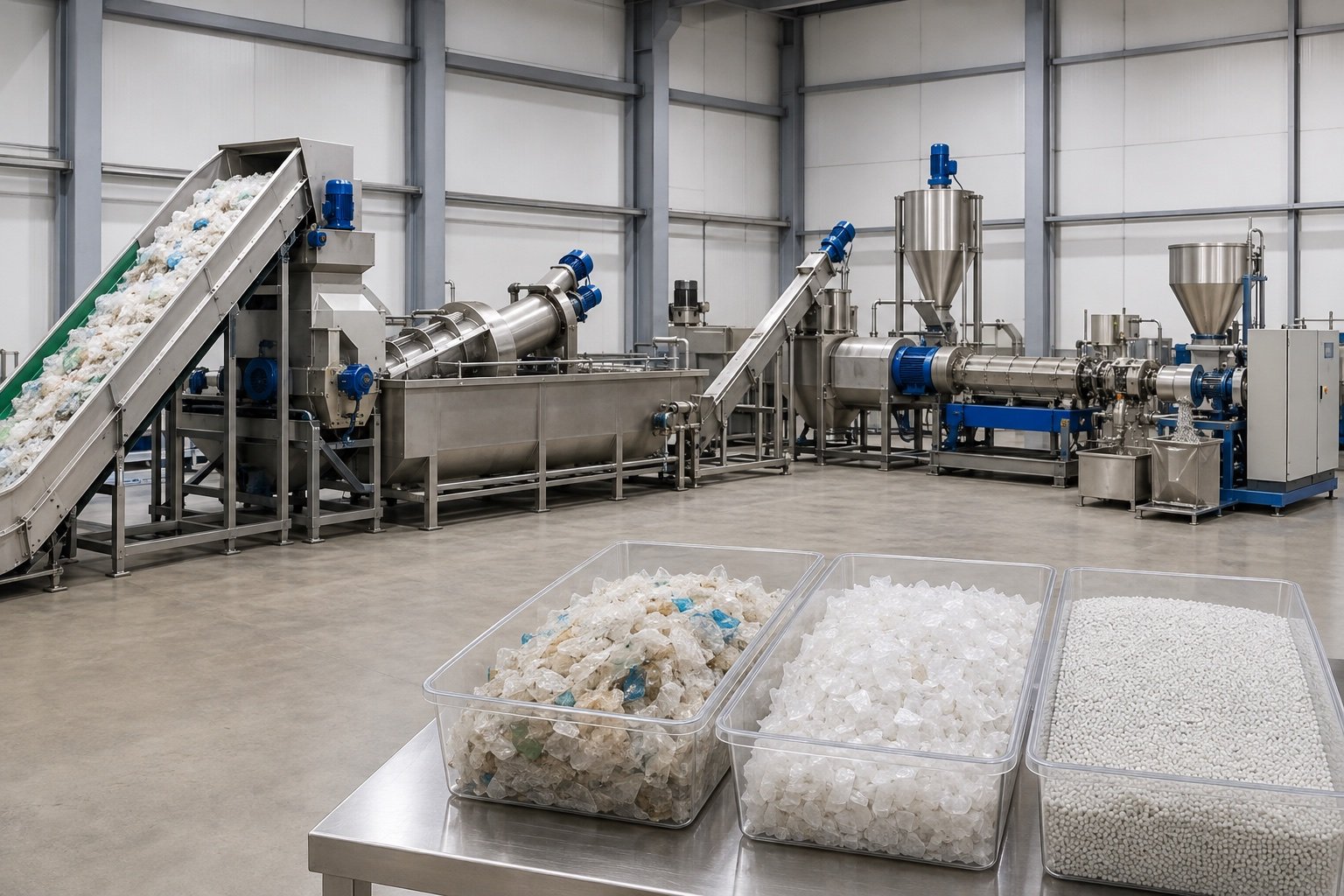 PP PE washing and pelletizing equipment with illustrative dirty feed clean flakes and recycled pellets