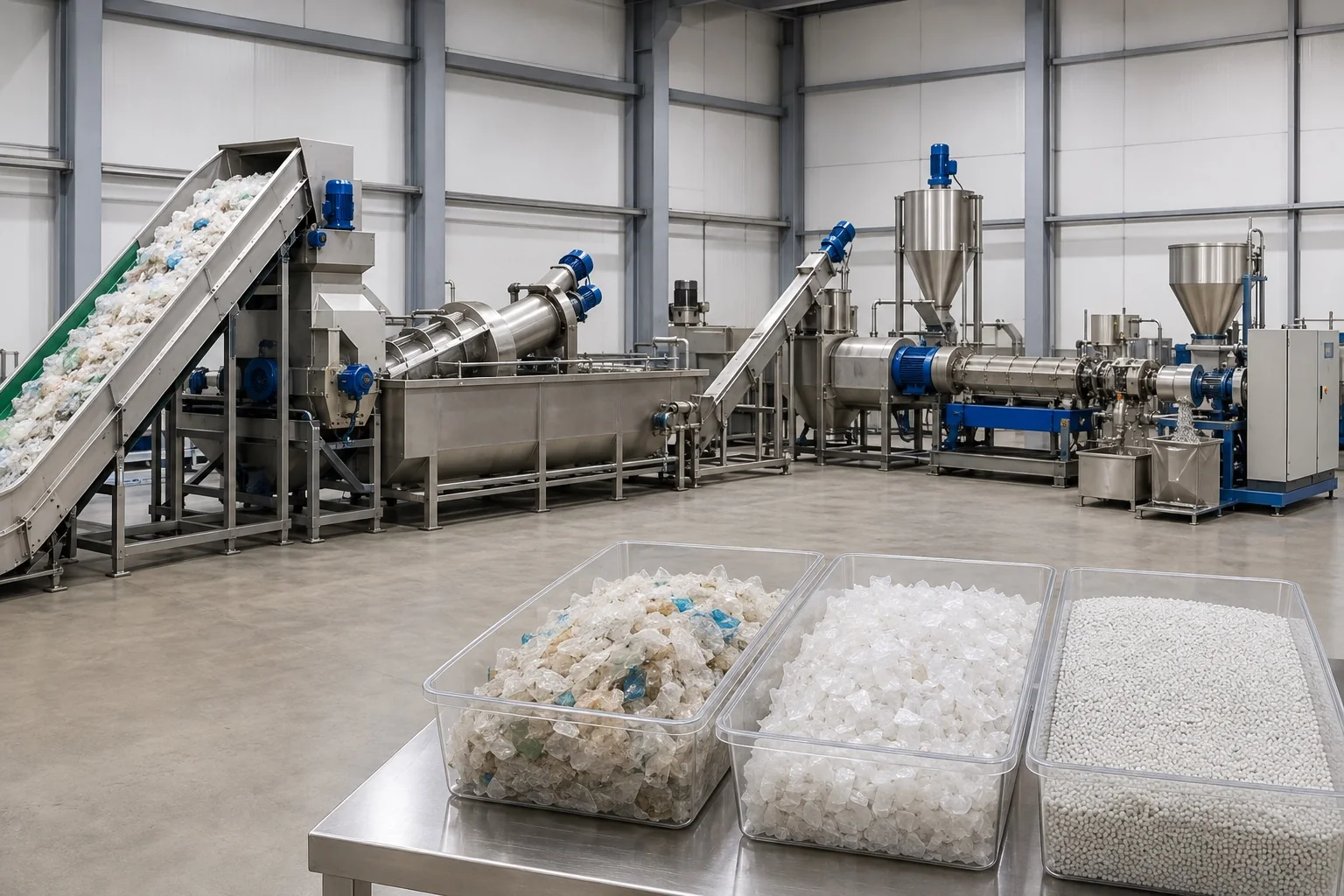 PP PE washing and pelletizing equipment with illustrative dirty feed clean flakes and recycled pellets