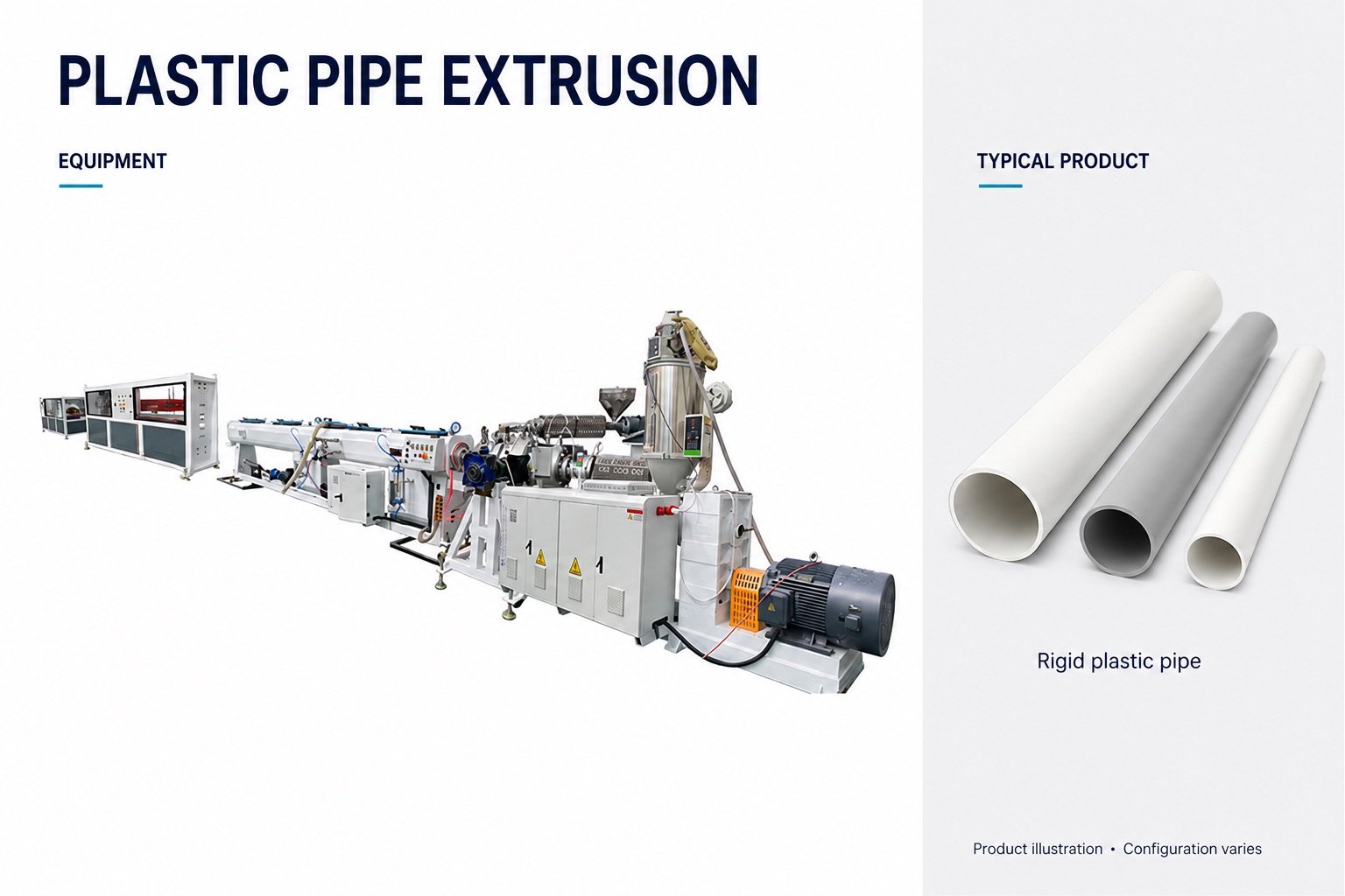 Plastic pipe extrusion line with illustrative rigid pipe and hose products