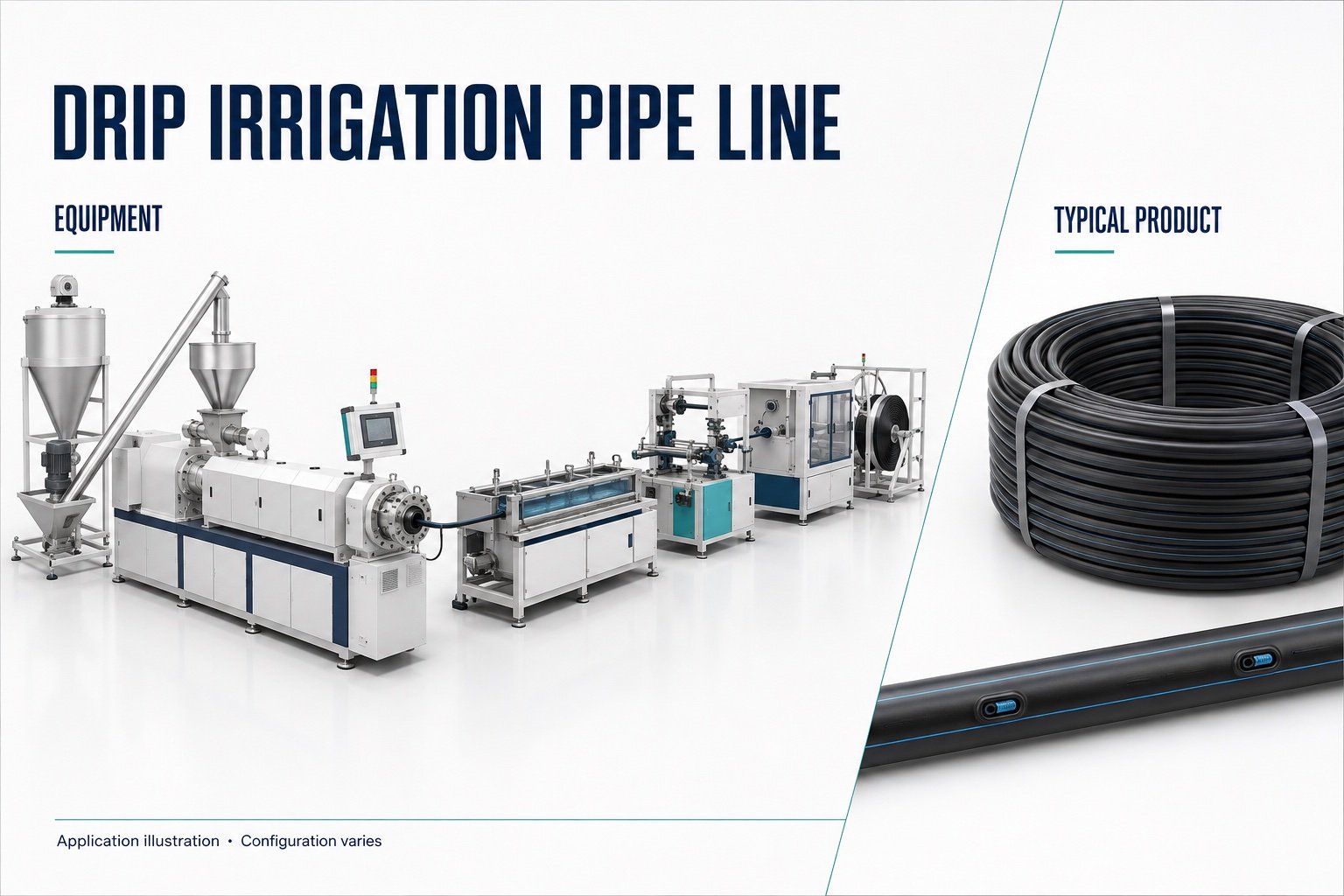 Drip irrigation pipe extrusion equipment with illustrative pipe coil and outlets