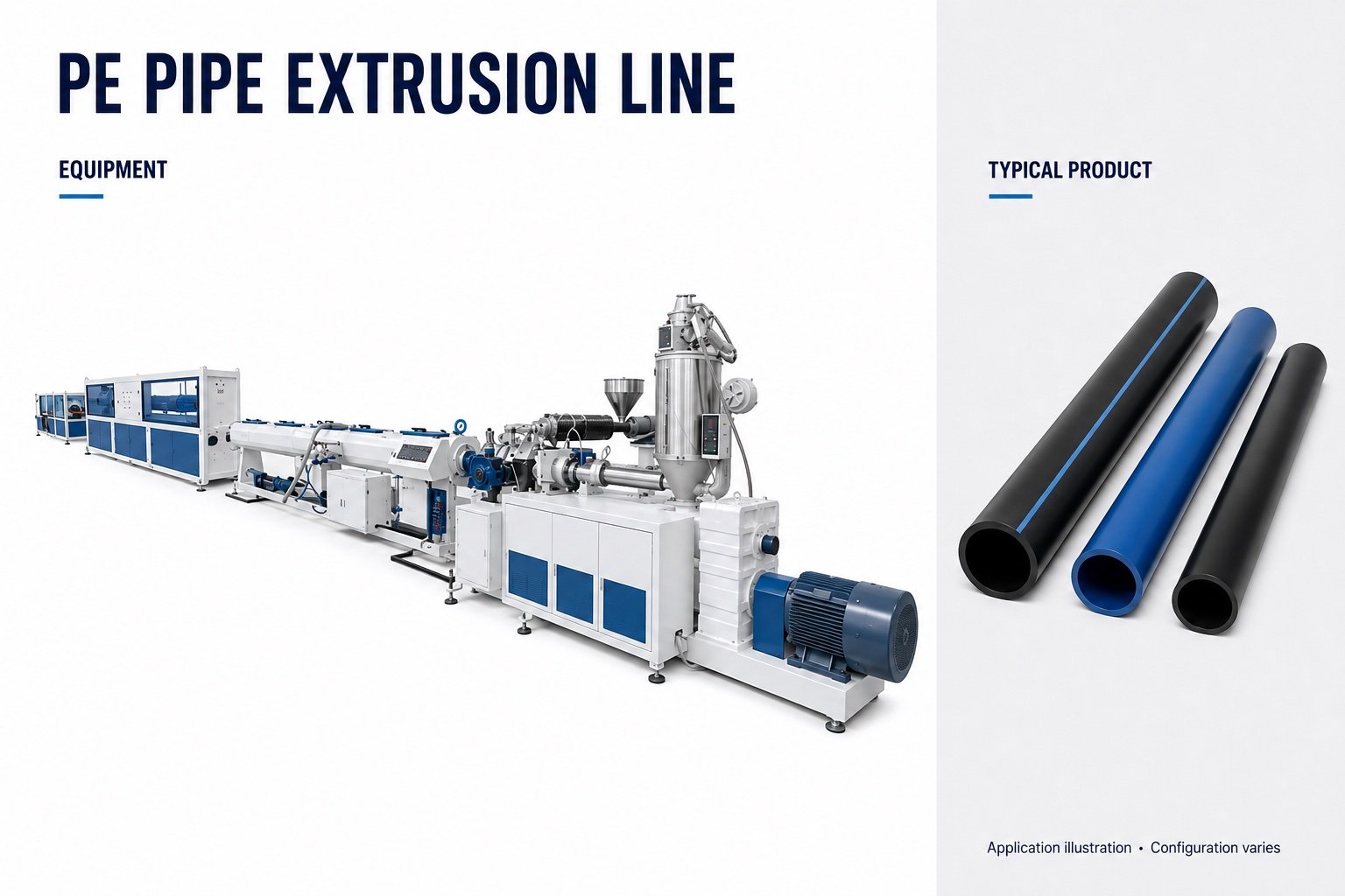 PE pipe extrusion line with illustrative black and blue pipe products