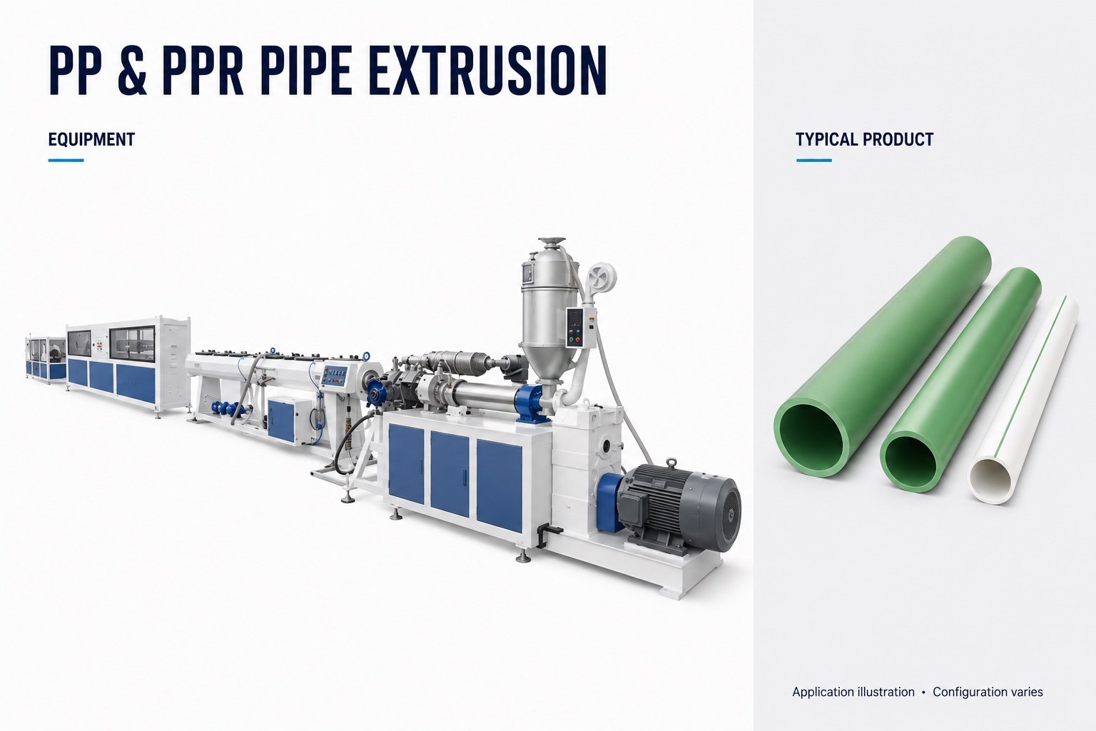 PP and PPR pipe extrusion line with illustrative green and white pipe products
