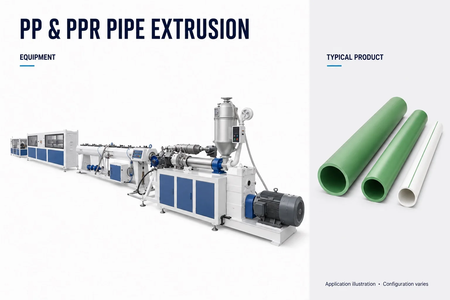 PP and PPR pipe extrusion line with illustrative green and white pipe products
