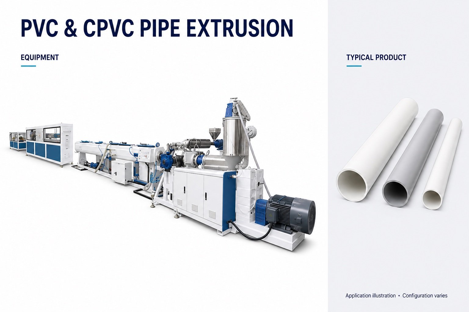 PVC and CPVC pipe extrusion line with illustrative rigid pipe products