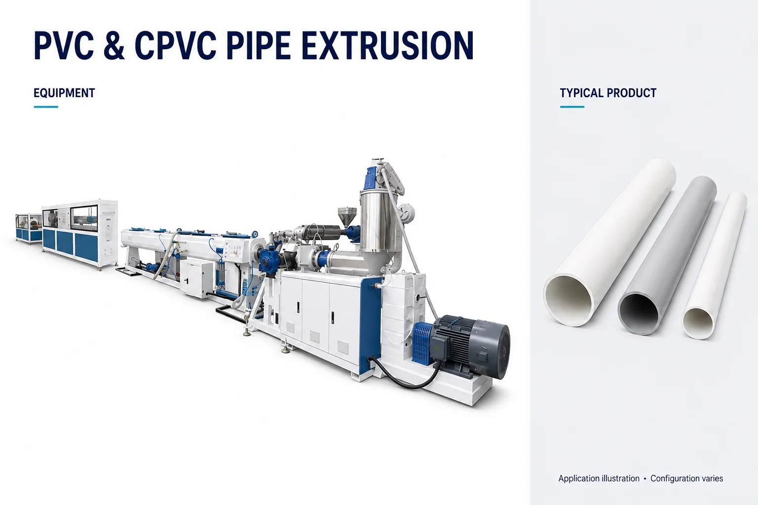 PVC and CPVC pipe extrusion line with illustrative rigid pipe products