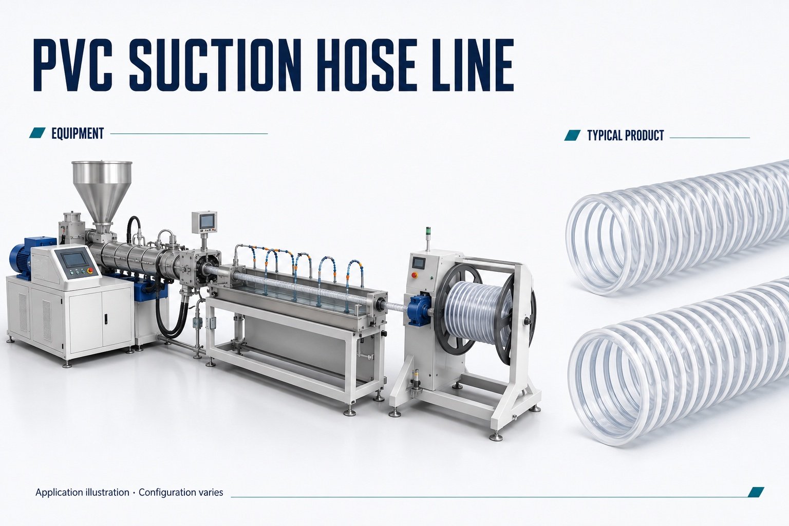 PVC suction hose extrusion equipment with illustrative spiral-reinforced hose
