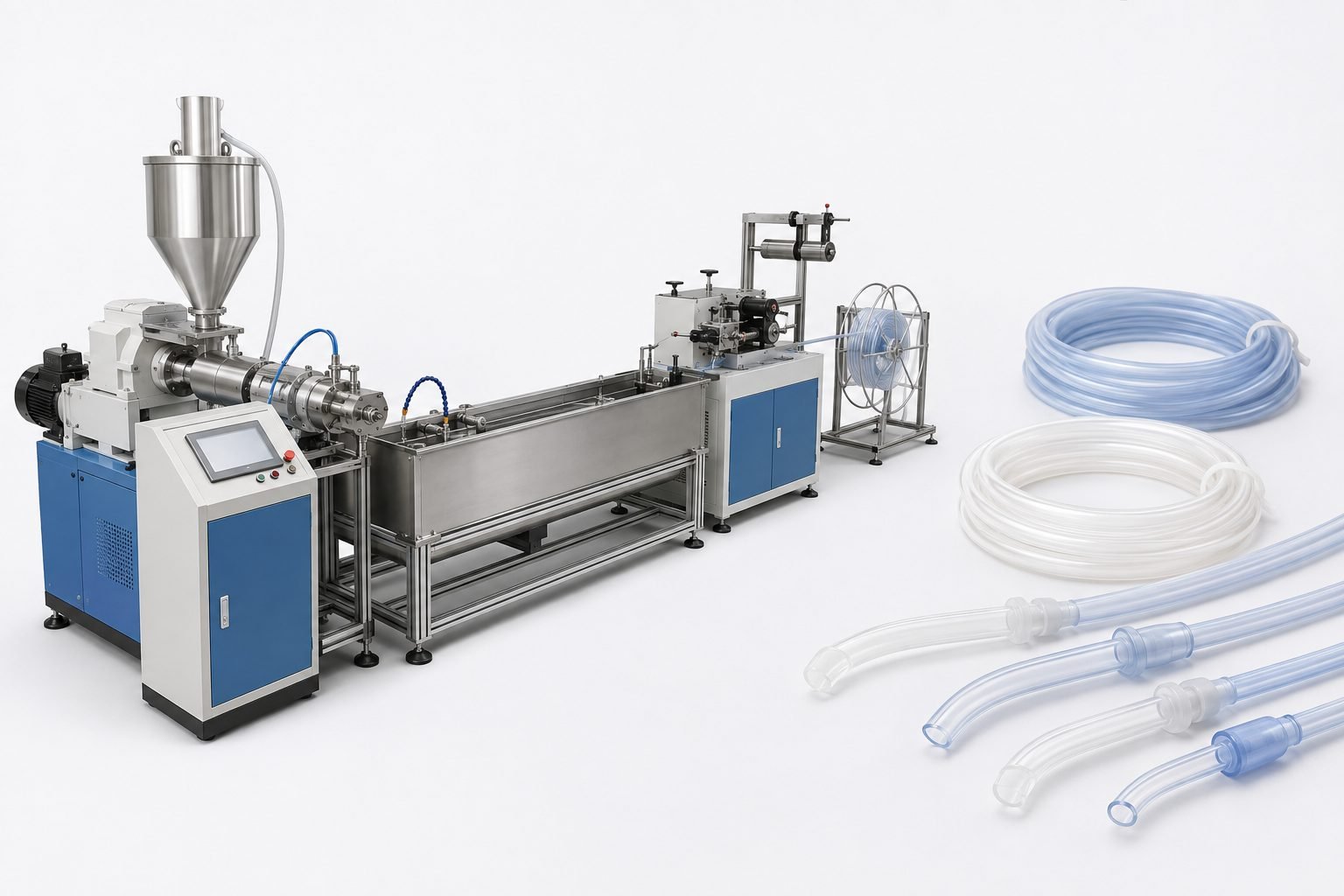 Small-diameter dental suction tube extrusion line with illustrative clear and pale-blue tubing