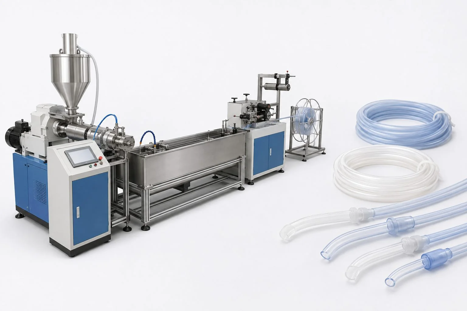 Small-diameter dental suction tube extrusion line with illustrative clear and pale-blue tubing