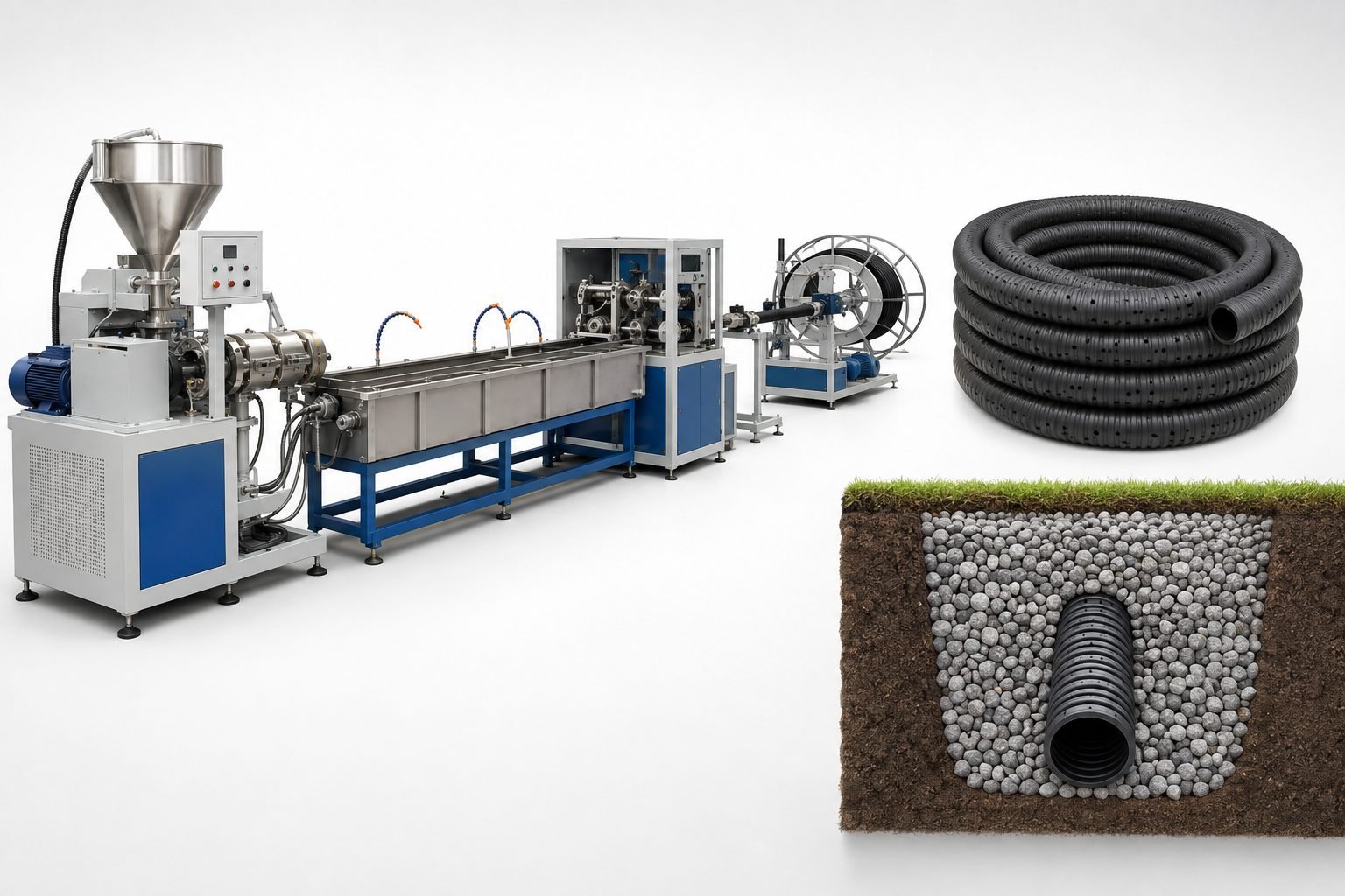 Perforated drainage hose production line with illustrative black hose and gravel drainage section