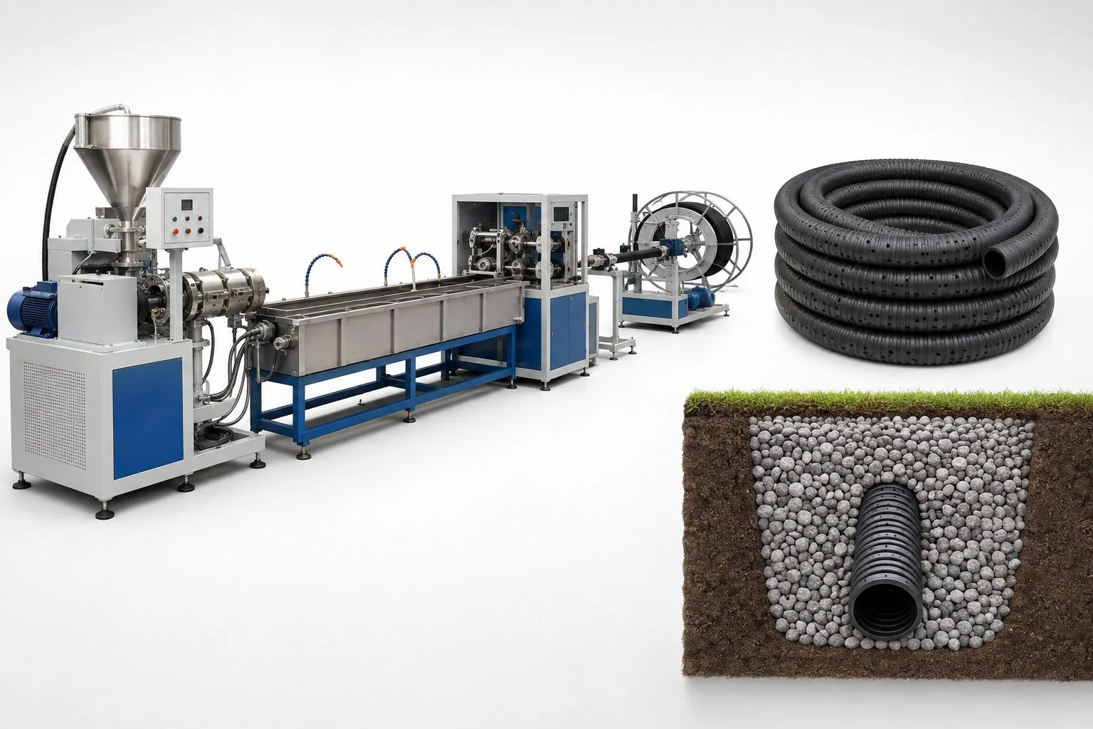 Perforated drainage hose production line with illustrative black hose and gravel drainage section