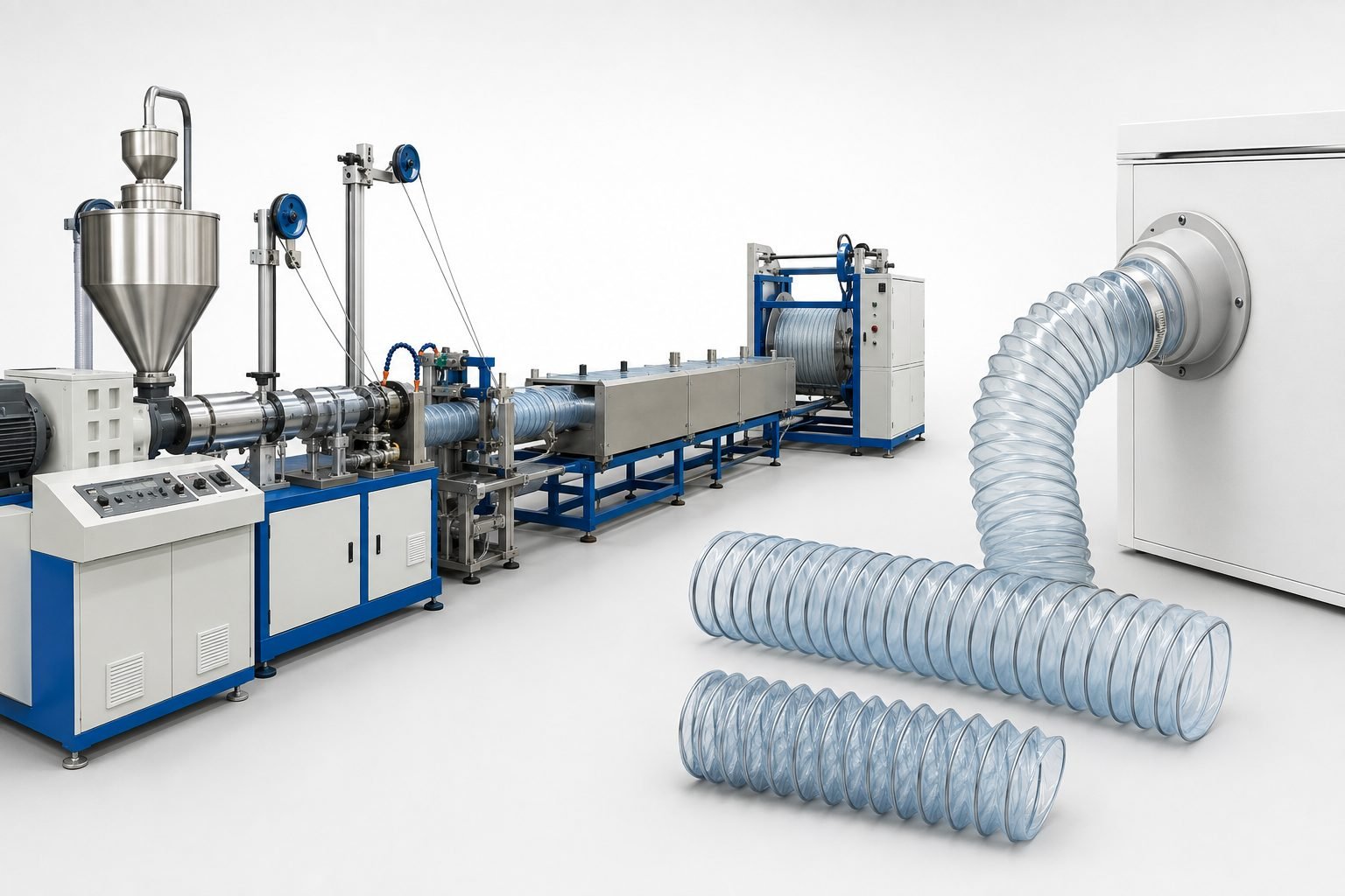 PP steel-wire telescopic tube production line with illustrative reinforced flexible duct samples