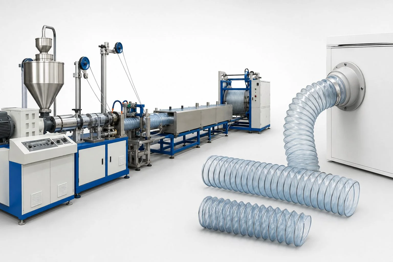 PP steel-wire telescopic tube production line with illustrative reinforced flexible duct samples