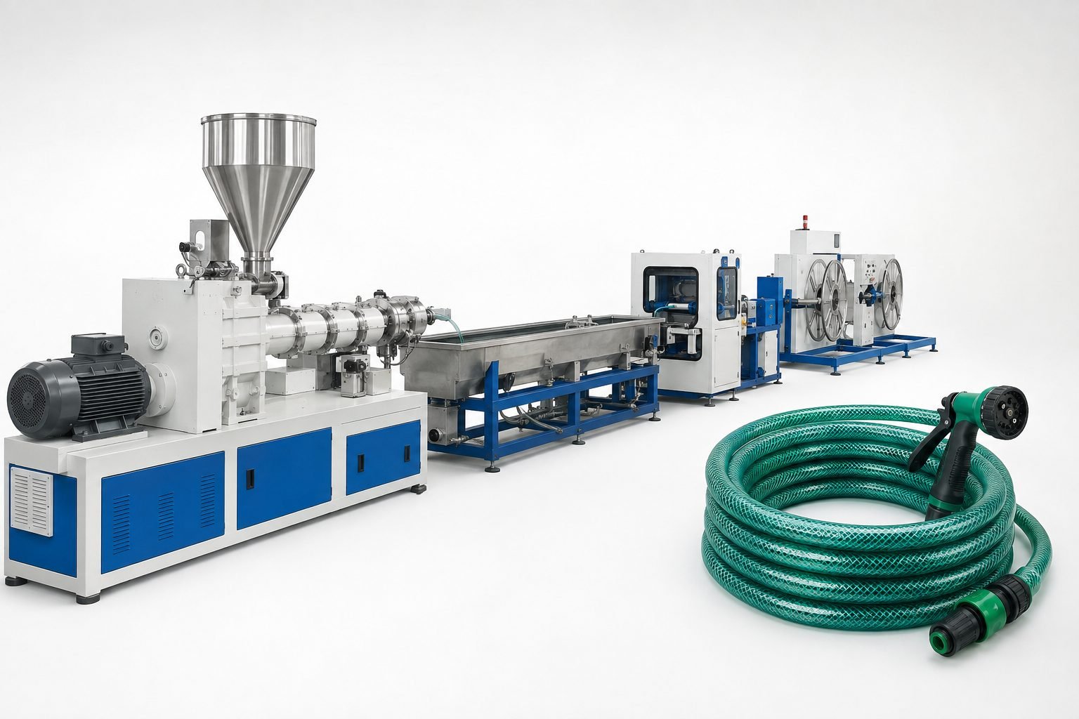 PVC garden hose extrusion line with illustrative reinforced hose coil and spray nozzle