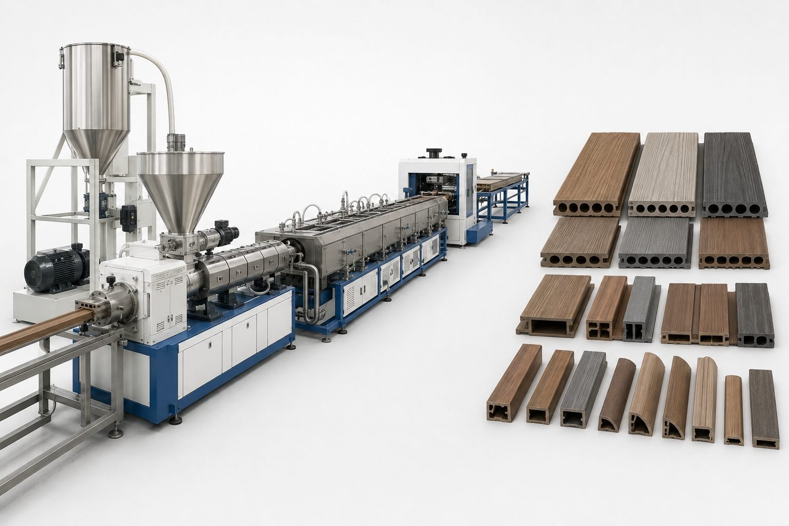 WPC wood-plastic profile extrusion line with illustrative decking cladding and trim sections