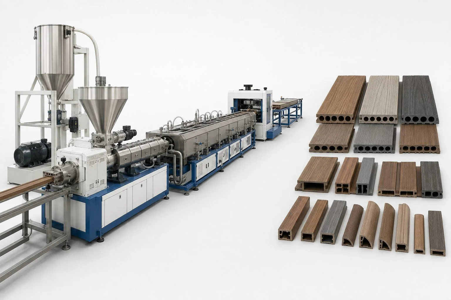 WPC wood-plastic profile extrusion line with illustrative decking cladding and trim sections